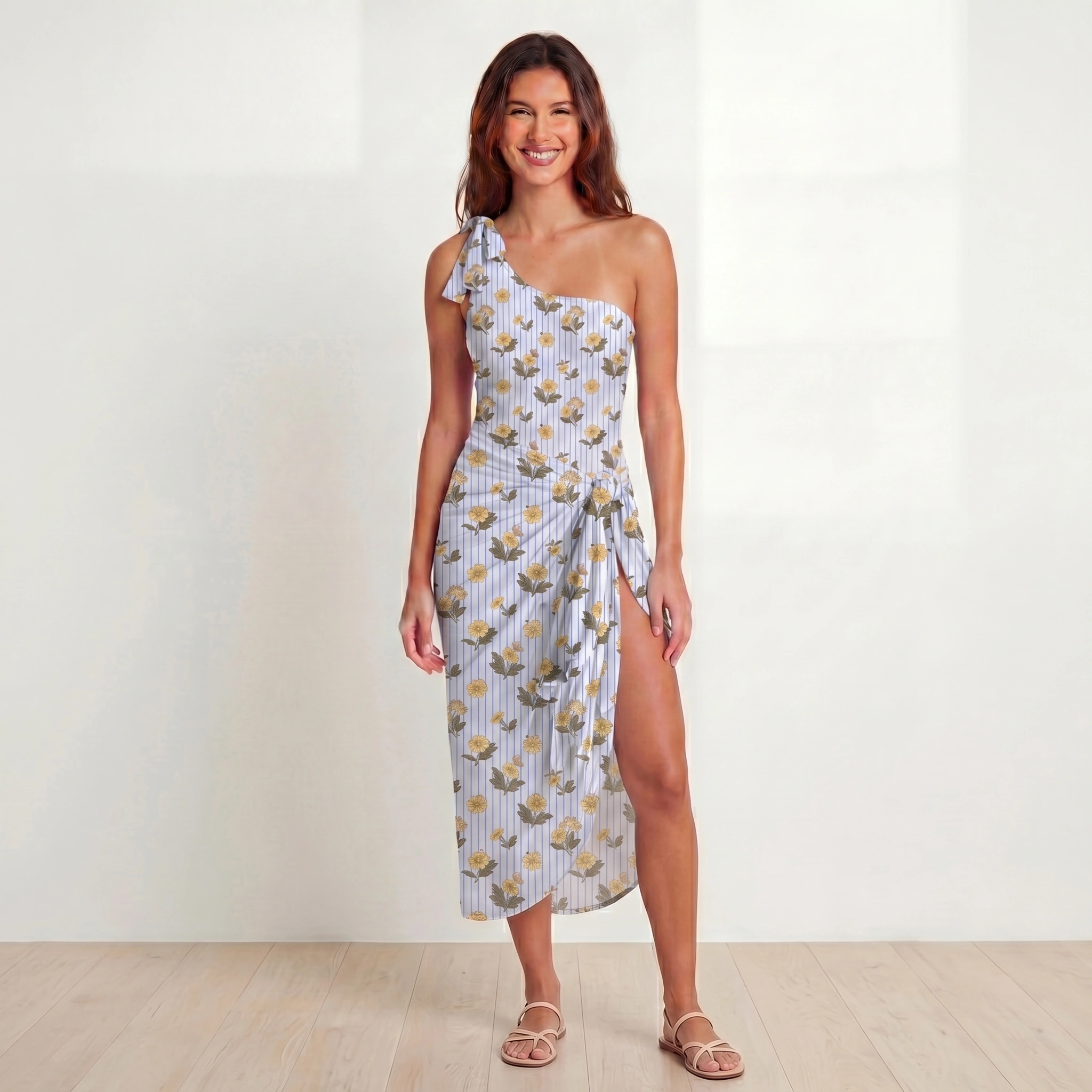 Blue Marigold One Shoulder One Piece Swimsuit and Matching Sarong Set for Women