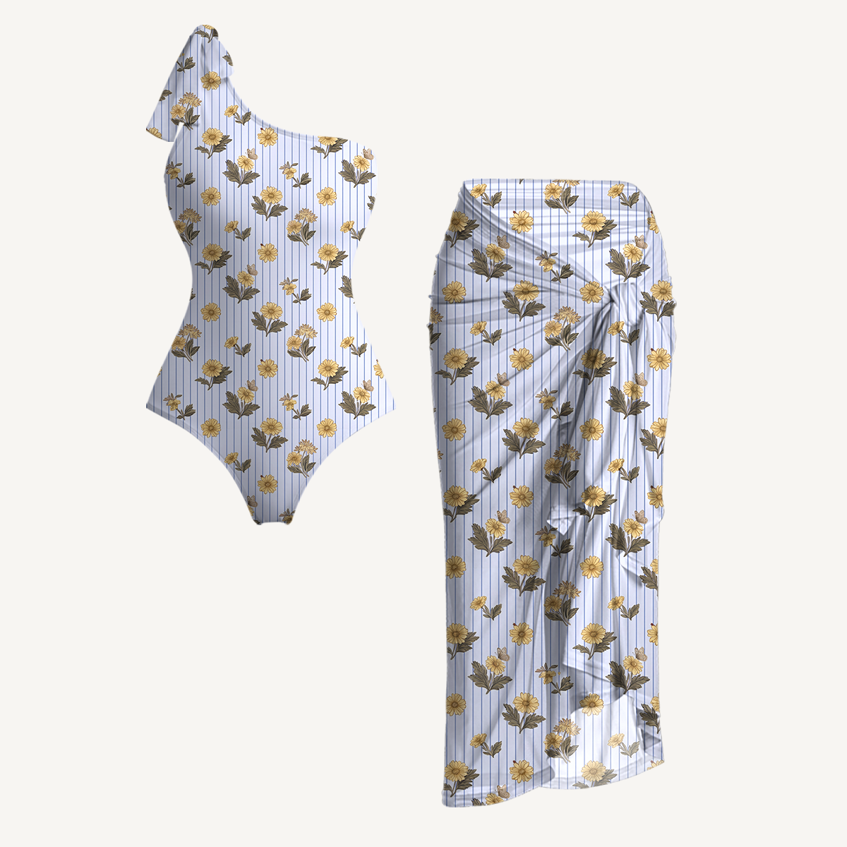 Blue Marigold One Shoulder One Piece Swimsuit and Matching Sarong Set for Women