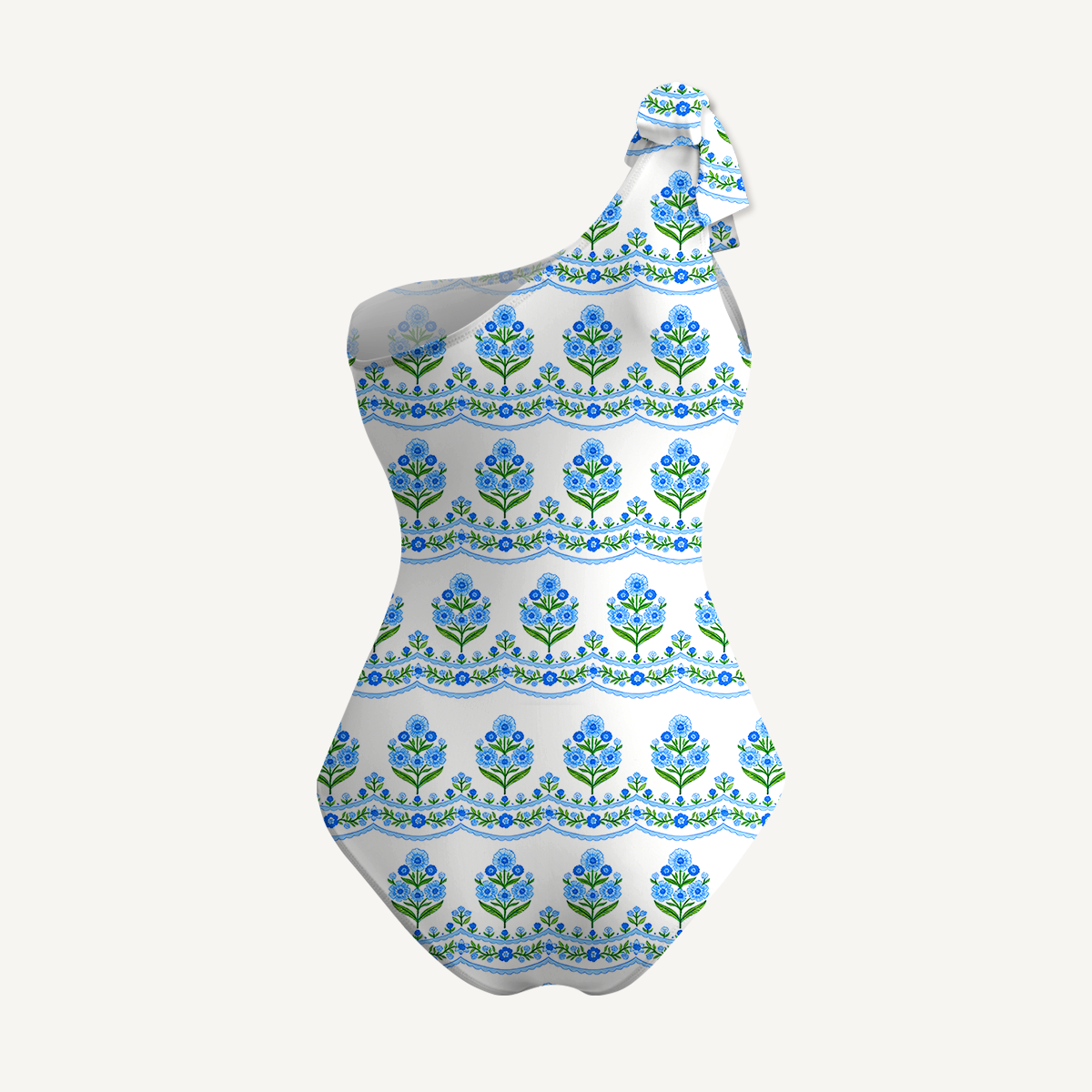 Azure Folk One Shoulder One Piece Swimsuit and Matching Sarong Set for Women