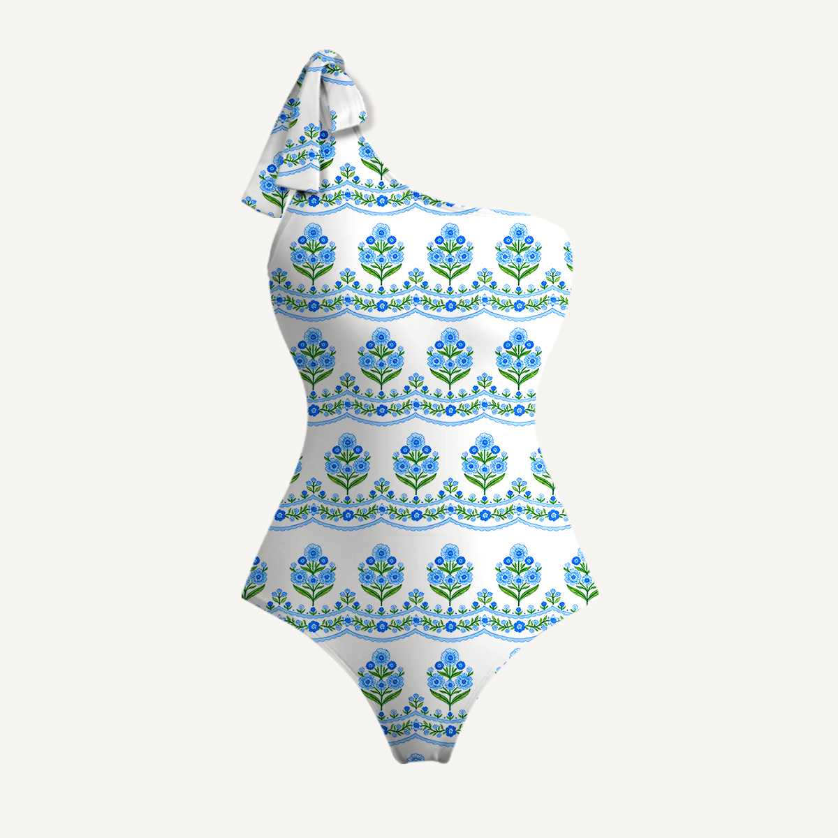 Azure Folk One Shoulder One Piece Swimsuit and Matching Sarong Set for Women