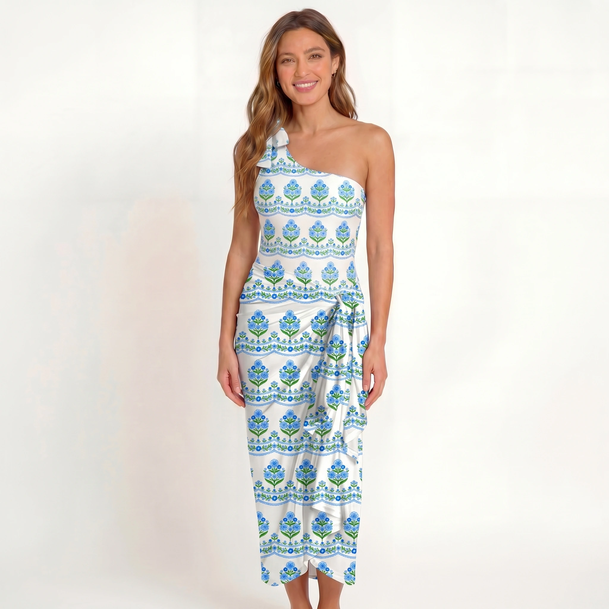 Azure Folk One Shoulder One Piece Swimsuit and Matching Sarong Set for Women