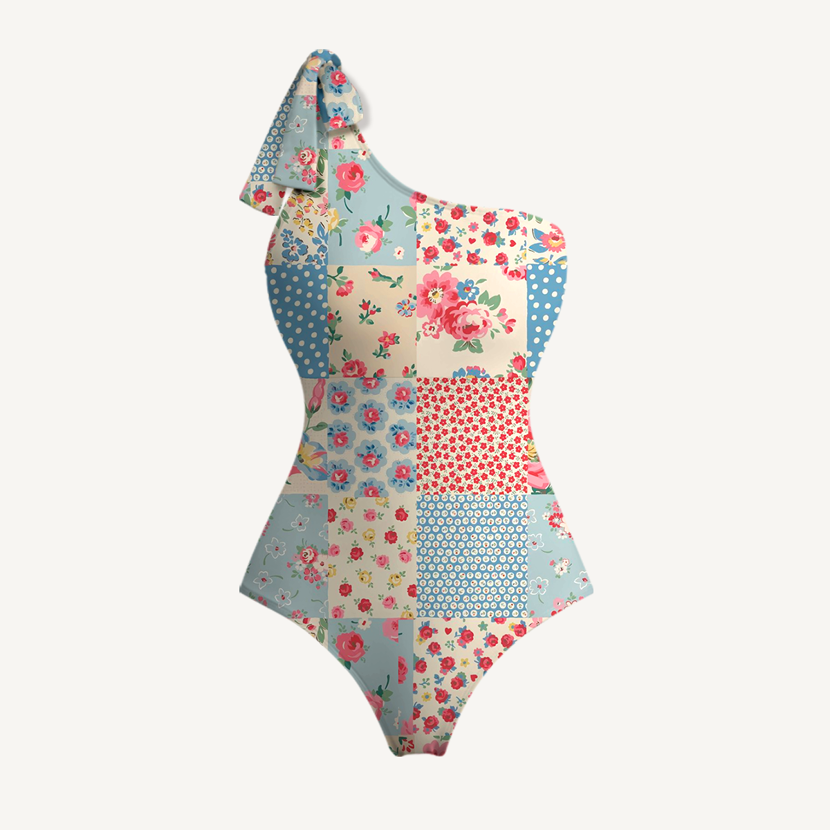 Pastel Patc One Shoulder One Piece Swimsuit and Matching Sarong Set for Women