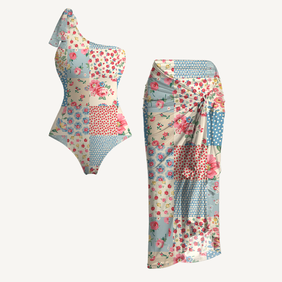 Pastel Patc One Shoulder One Piece Swimsuit and Matching Sarong Set for Women