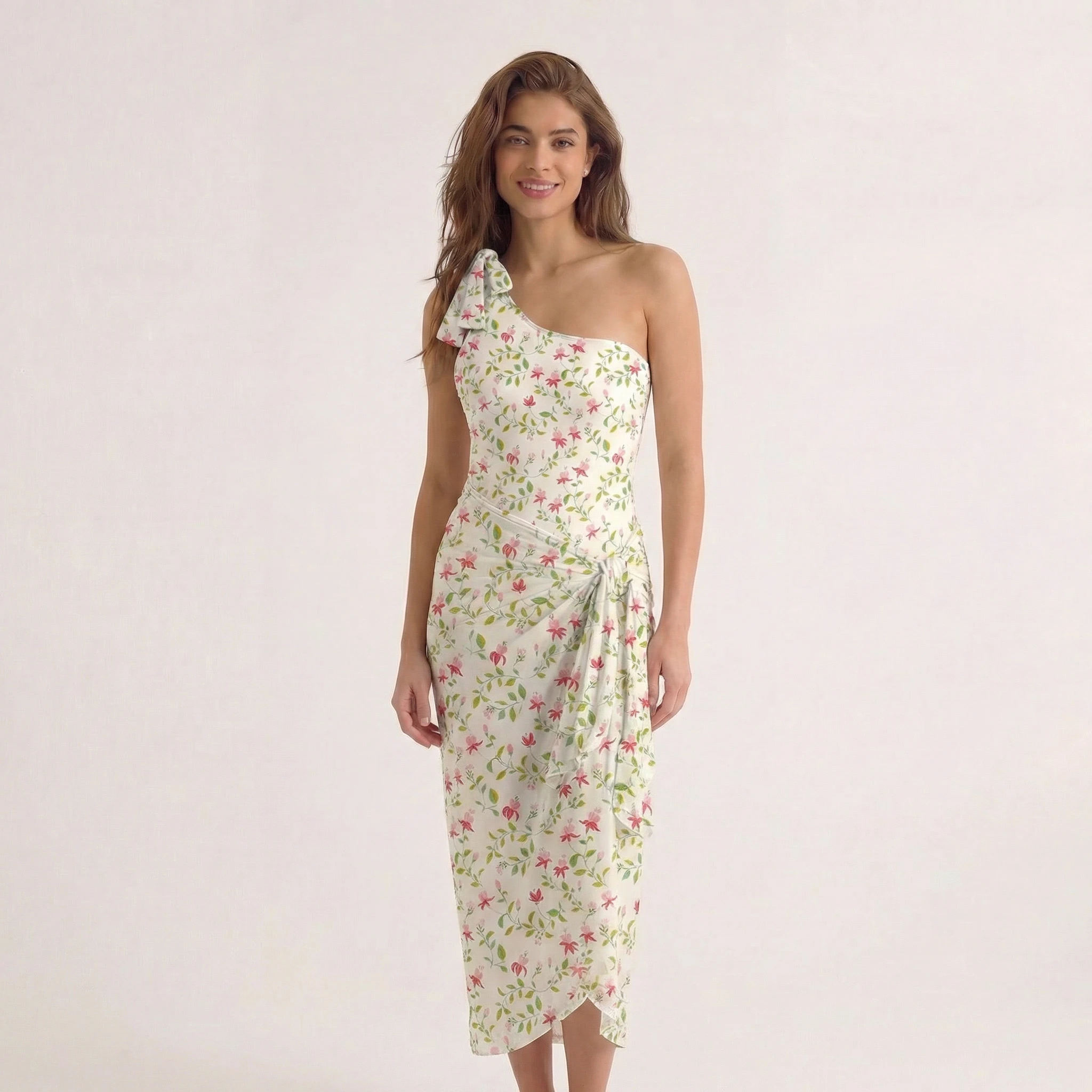 Ruby Vine One Shoulder One Piece Swimsuit and Matching Sarong Set for Women