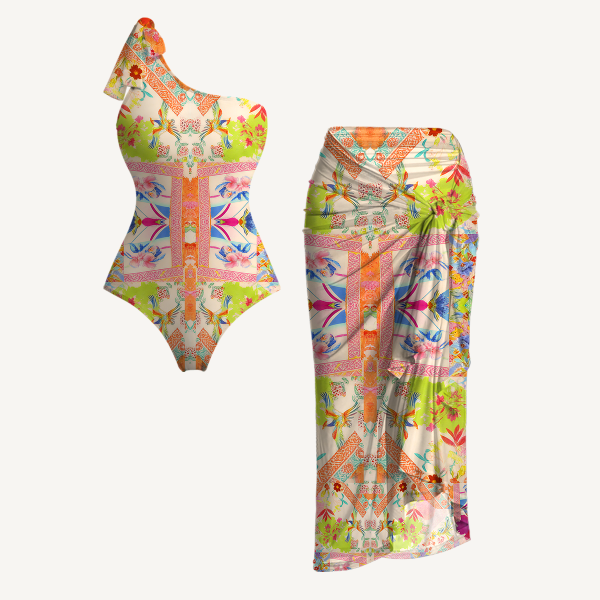 Vivid Lily One Shoulder One Piece Swimsuit and Matching Sarong Set for Women