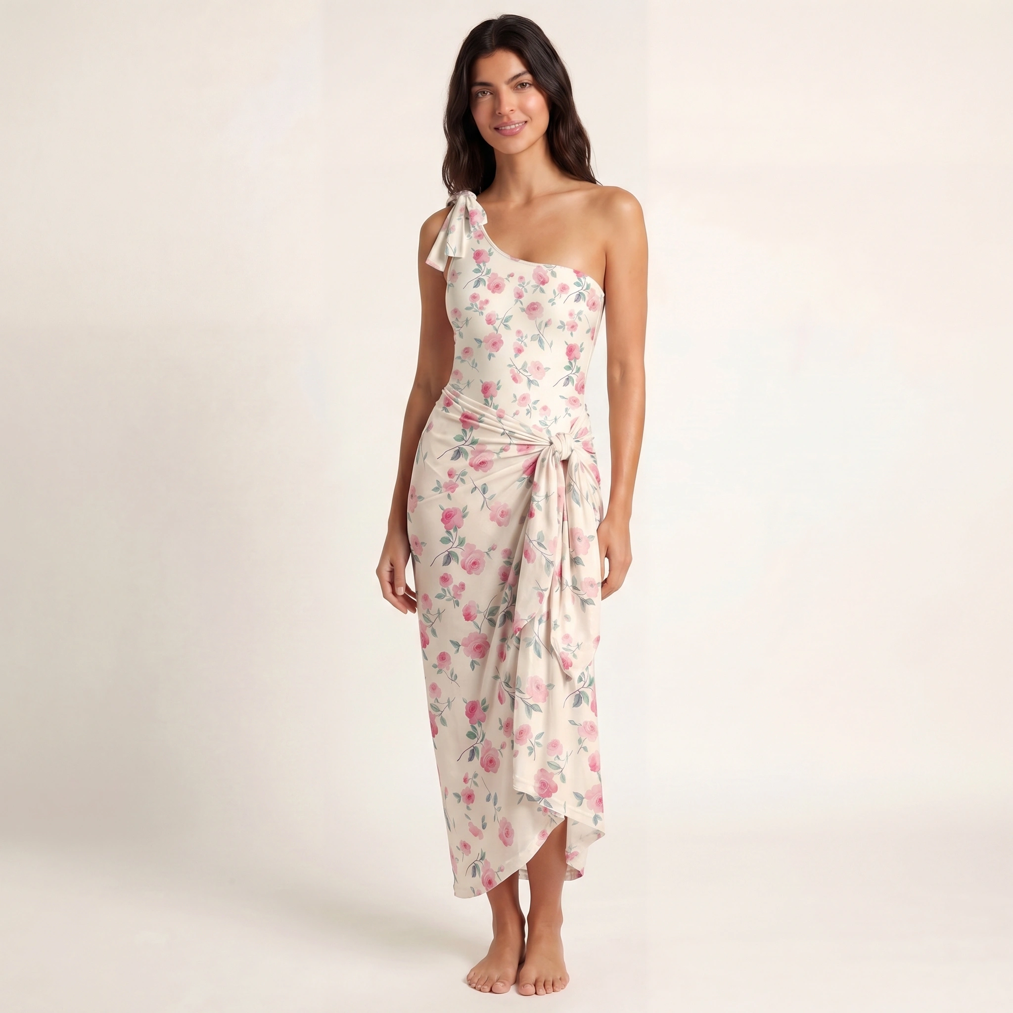 Blush Rose One Shoulder One Piece Swimsuit and Matching Sarong Set for Women