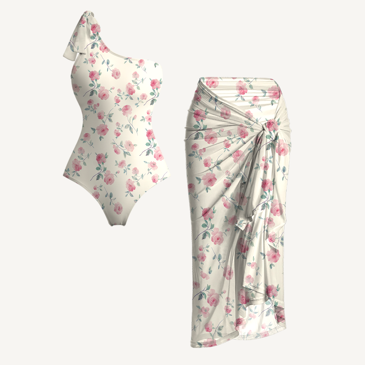 Blush Rose One Shoulder One Piece Swimsuit and Matching Sarong Set for Women