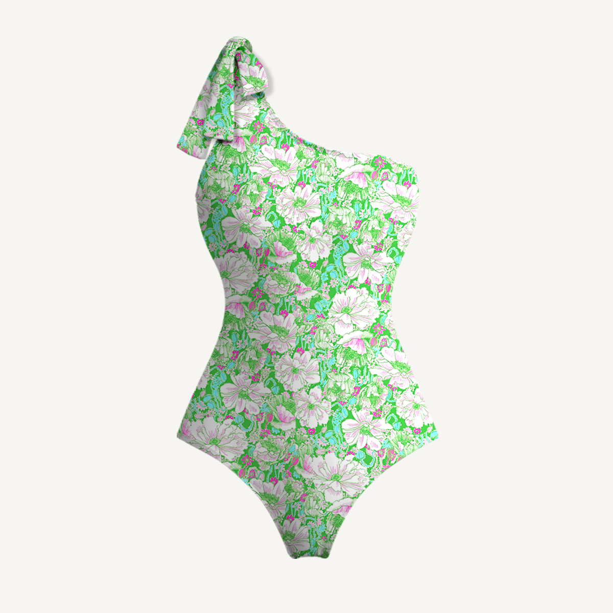 Mint Garden One Shoulder One Piece Swimsuit and Matching Sarong Set for Women