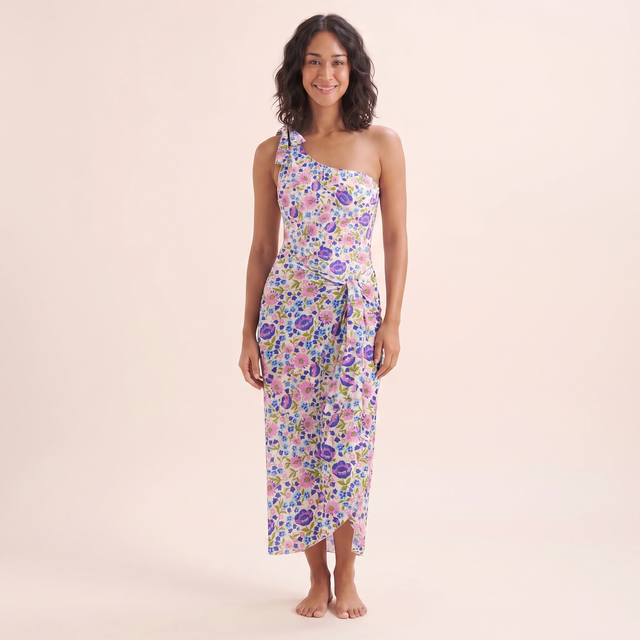 Lavender Bloom One Shoulder One Piece Swimsuit and Matching Sarong Set for Women