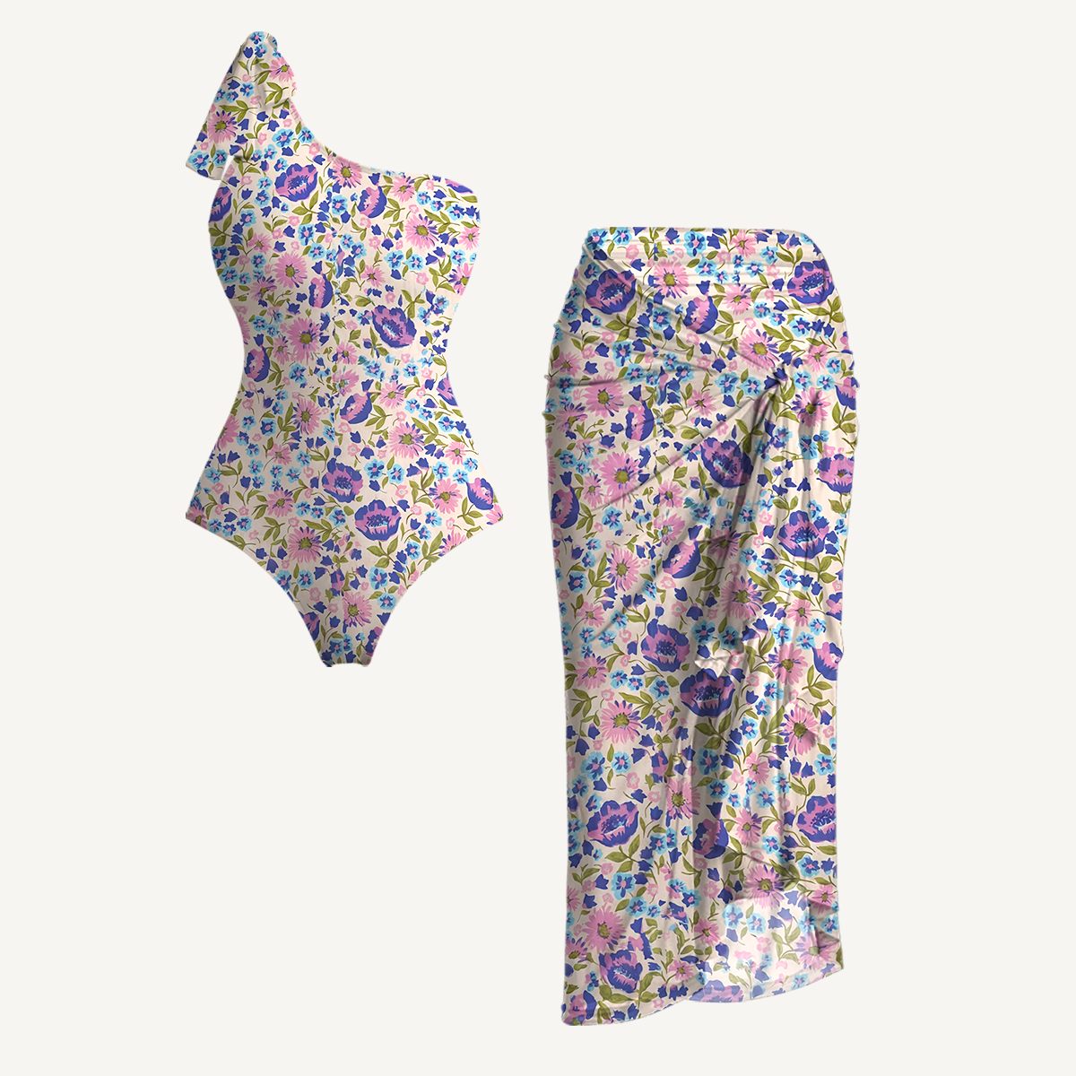 Lavender Bloom One Shoulder One Piece Swimsuit and Matching Sarong Set for Women