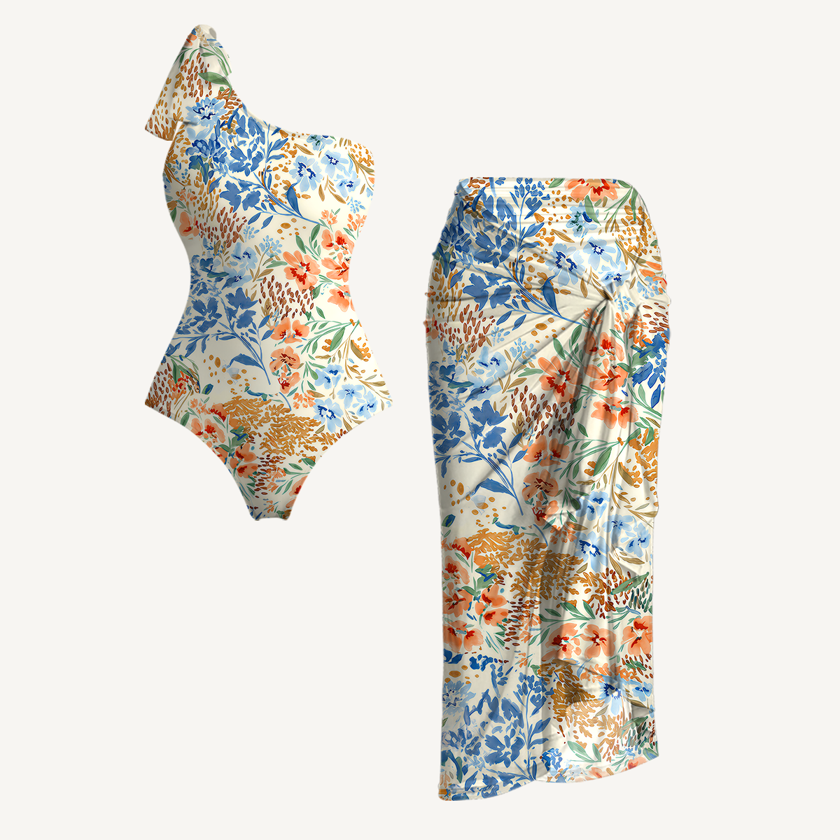 Breeze Meadow One Shoulder One Piece Swimsuit and Matching Sarong Set for Women