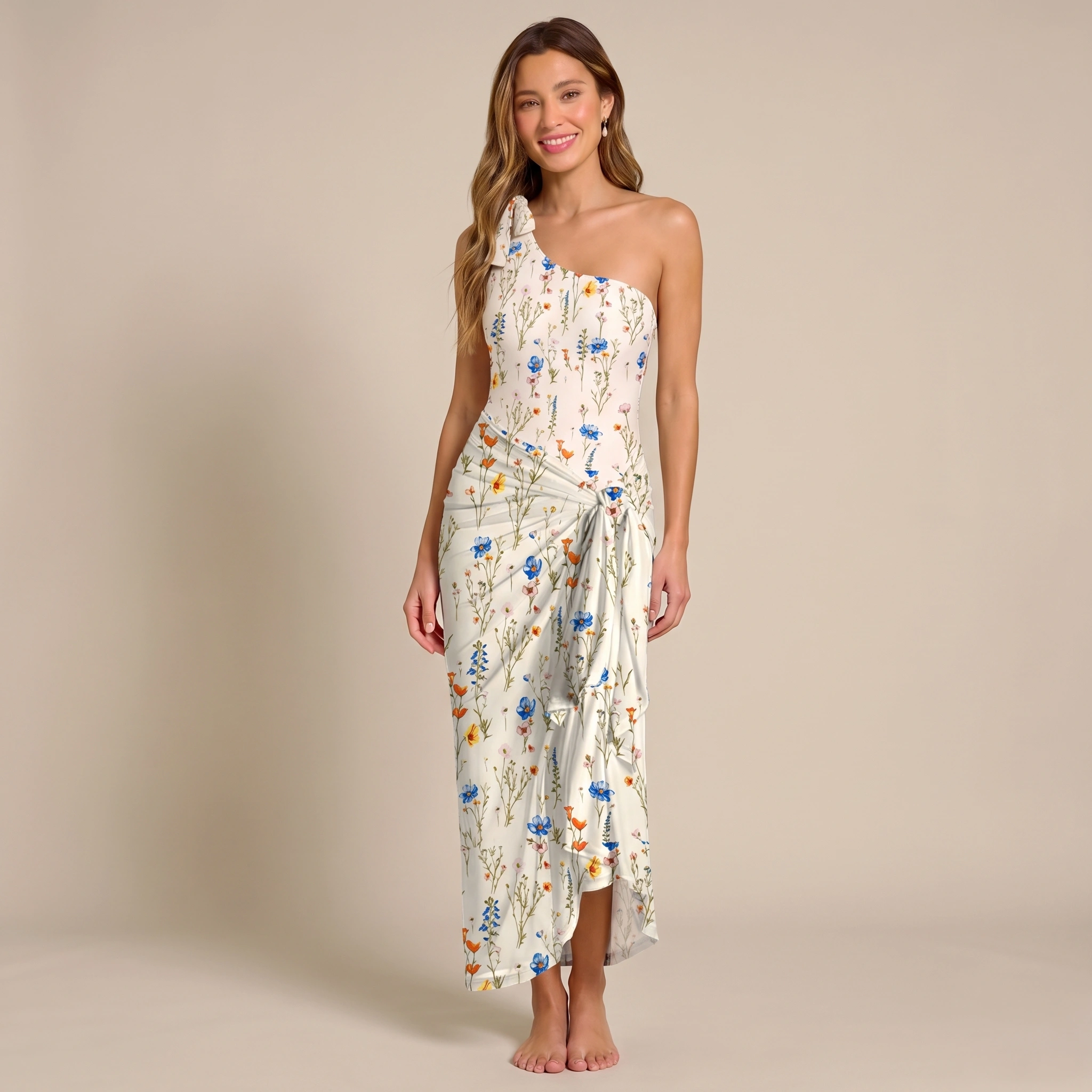 Wild Bloom One Shoulder One Piece Swimsuit and Matching Sarong Set for Women