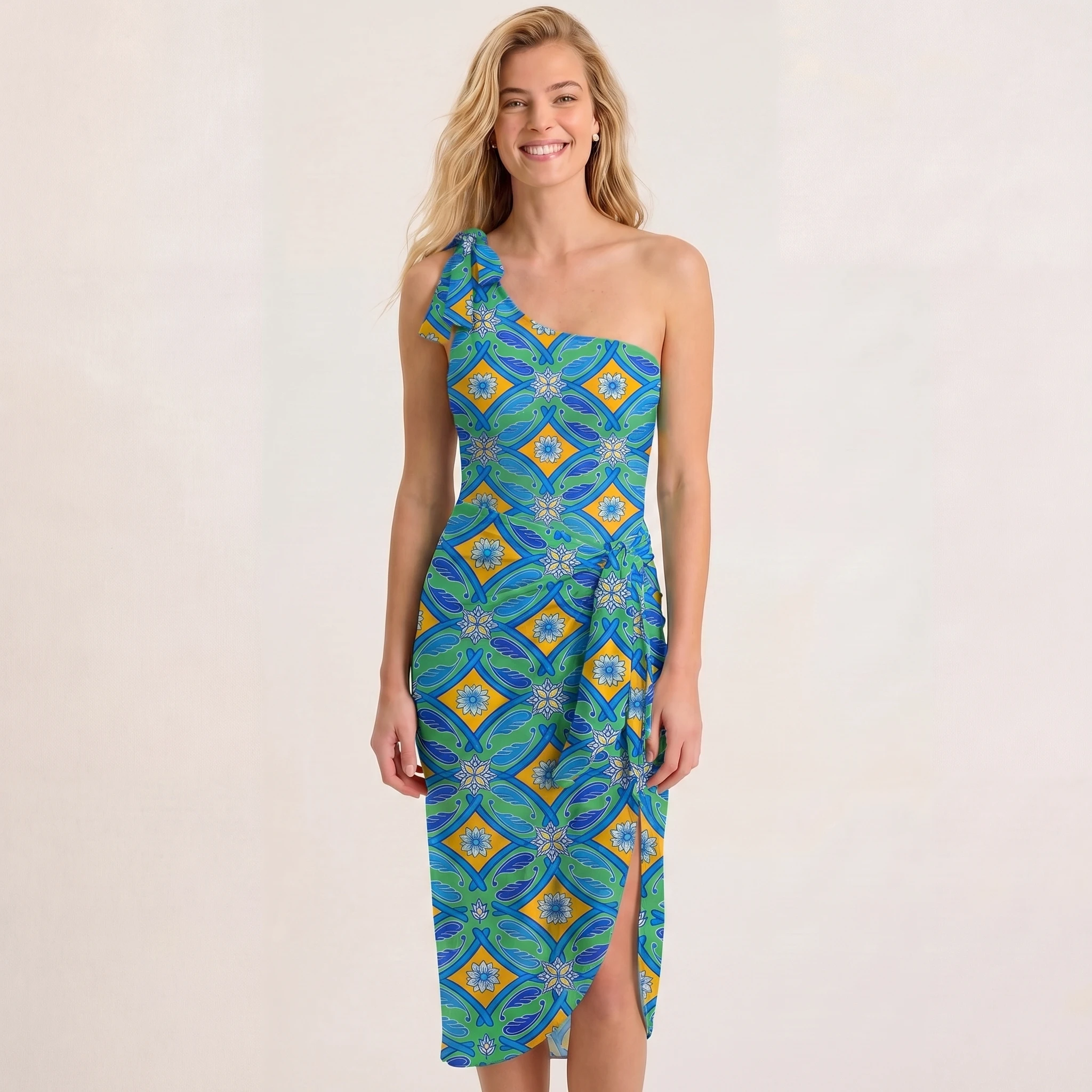 Azure Tile One Shoulder One Piece Swimsuit and Matching Sarong Set for Women