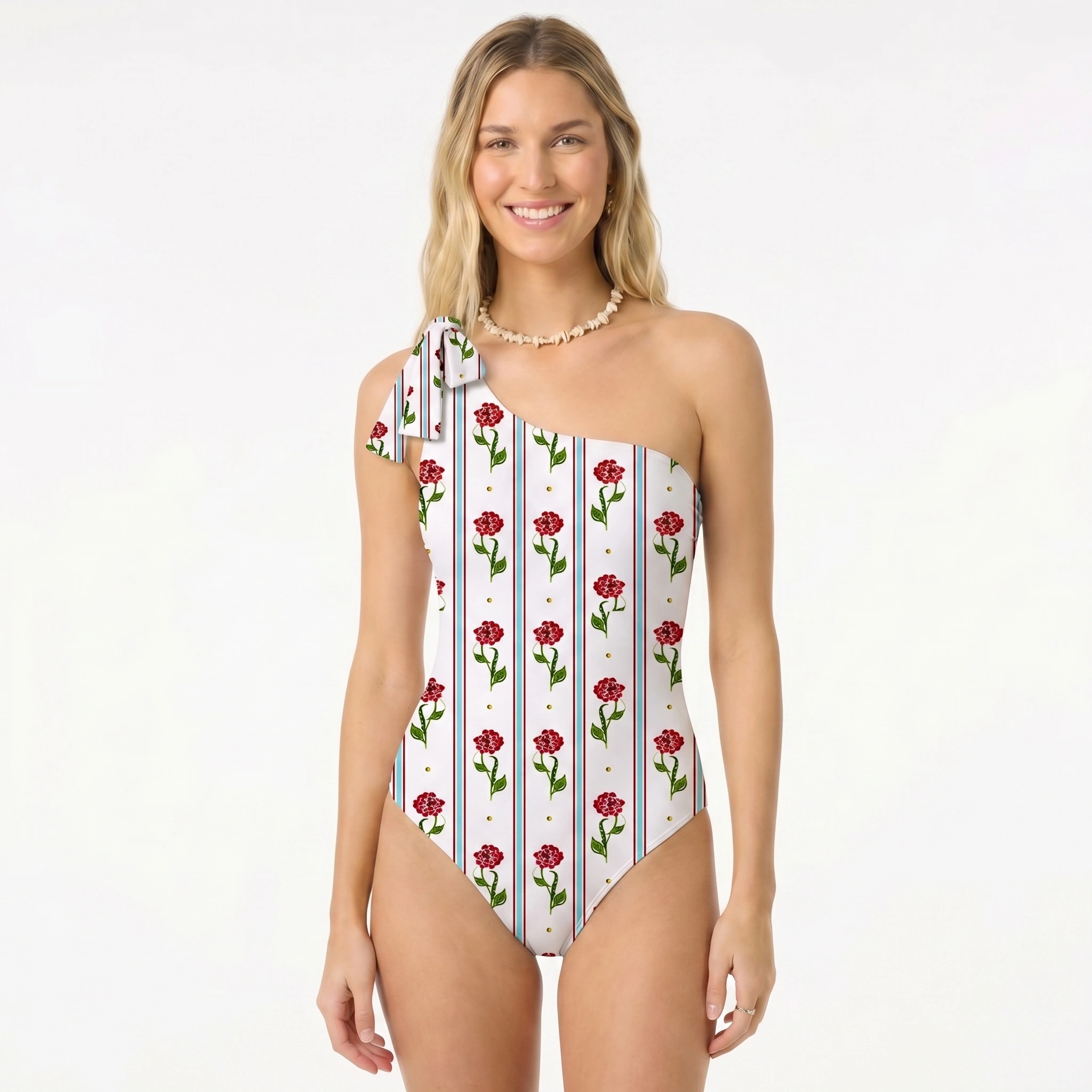 Crimson Dianthus One Shoulder One Piece Swimsuit and Matching Sarong Set for Women