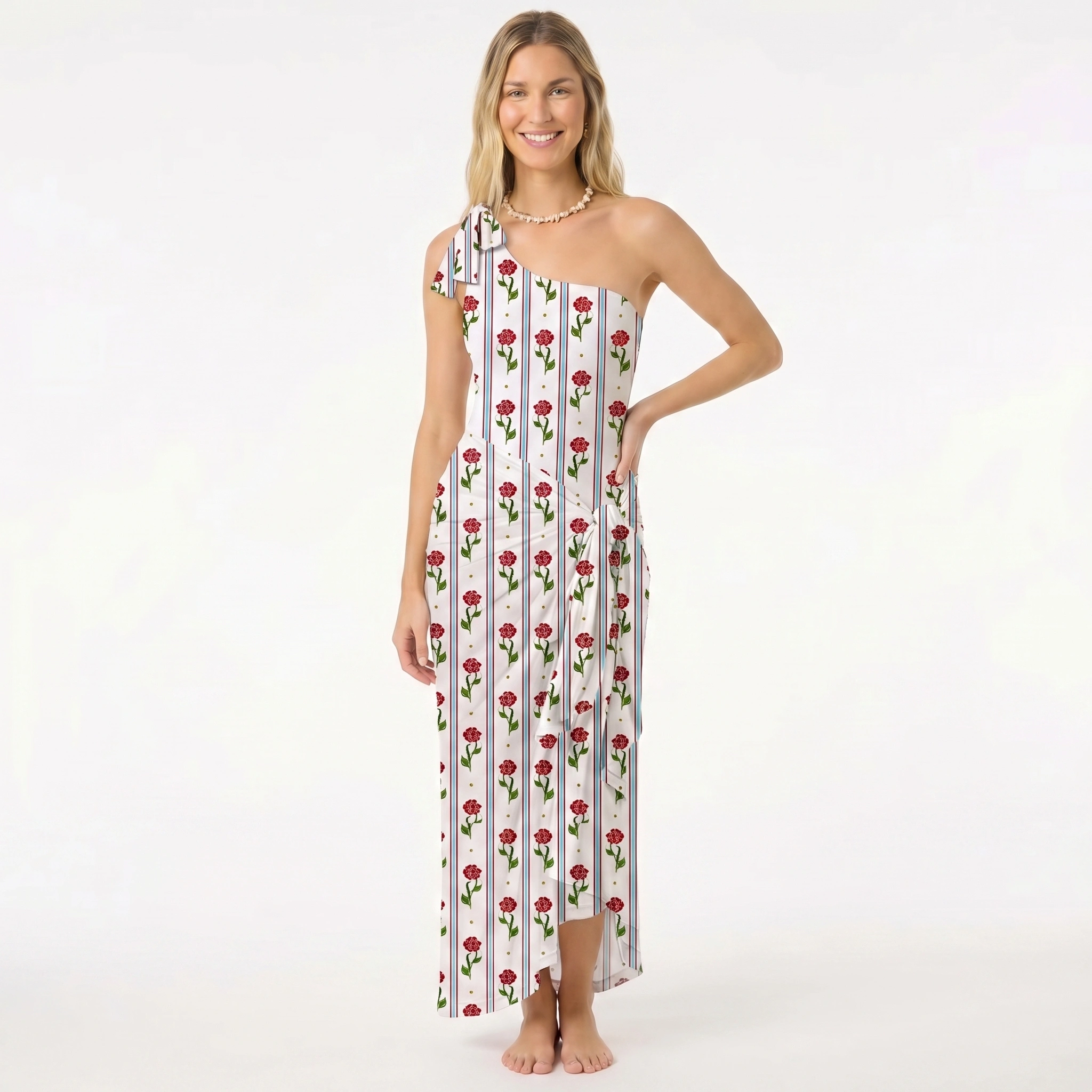 Crimson Dianthus One Shoulder One Piece Swimsuit and Matching Sarong Set for Women