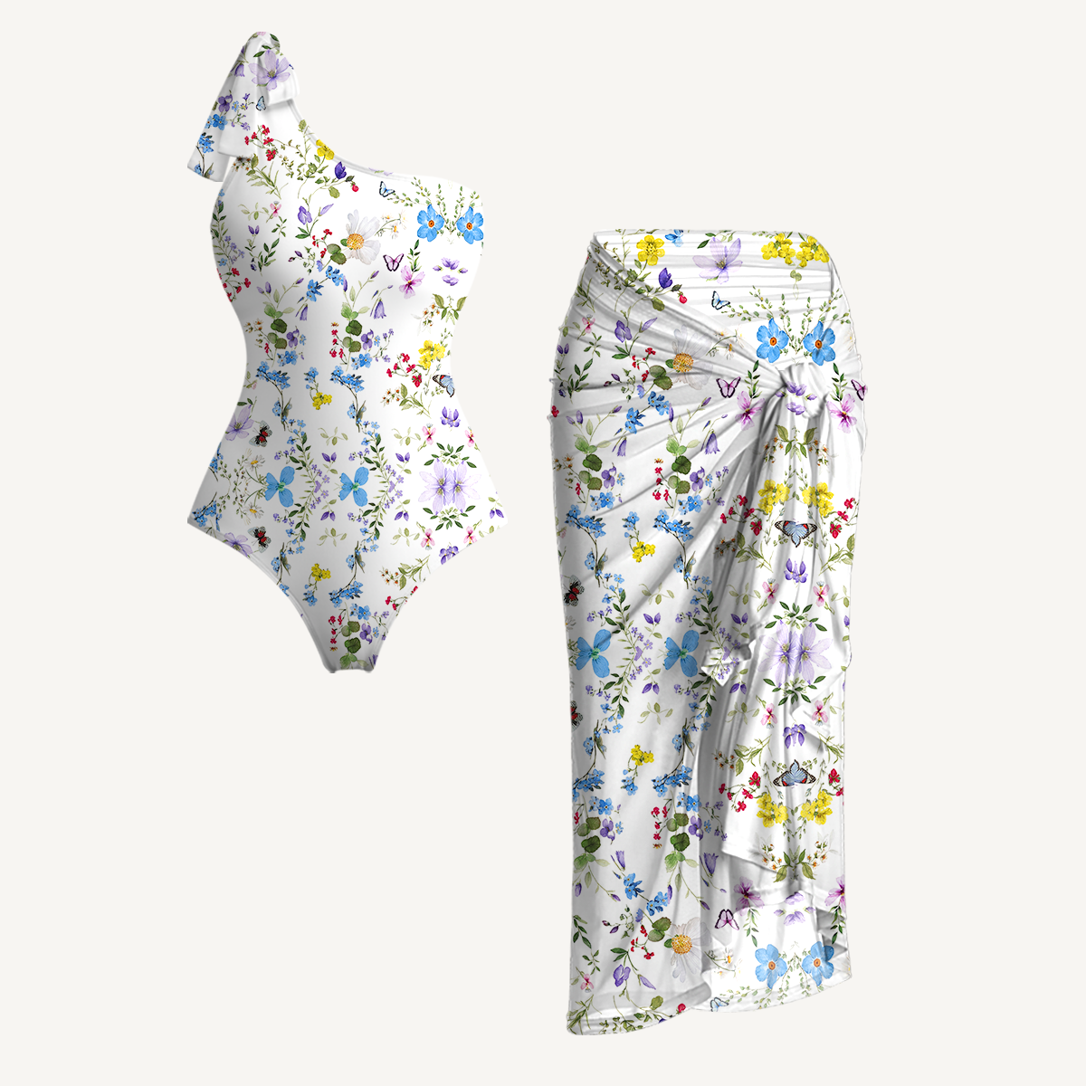 Butterfly Trail One Shoulder One Piece Swimsuit and Matching Sarong Set for Women