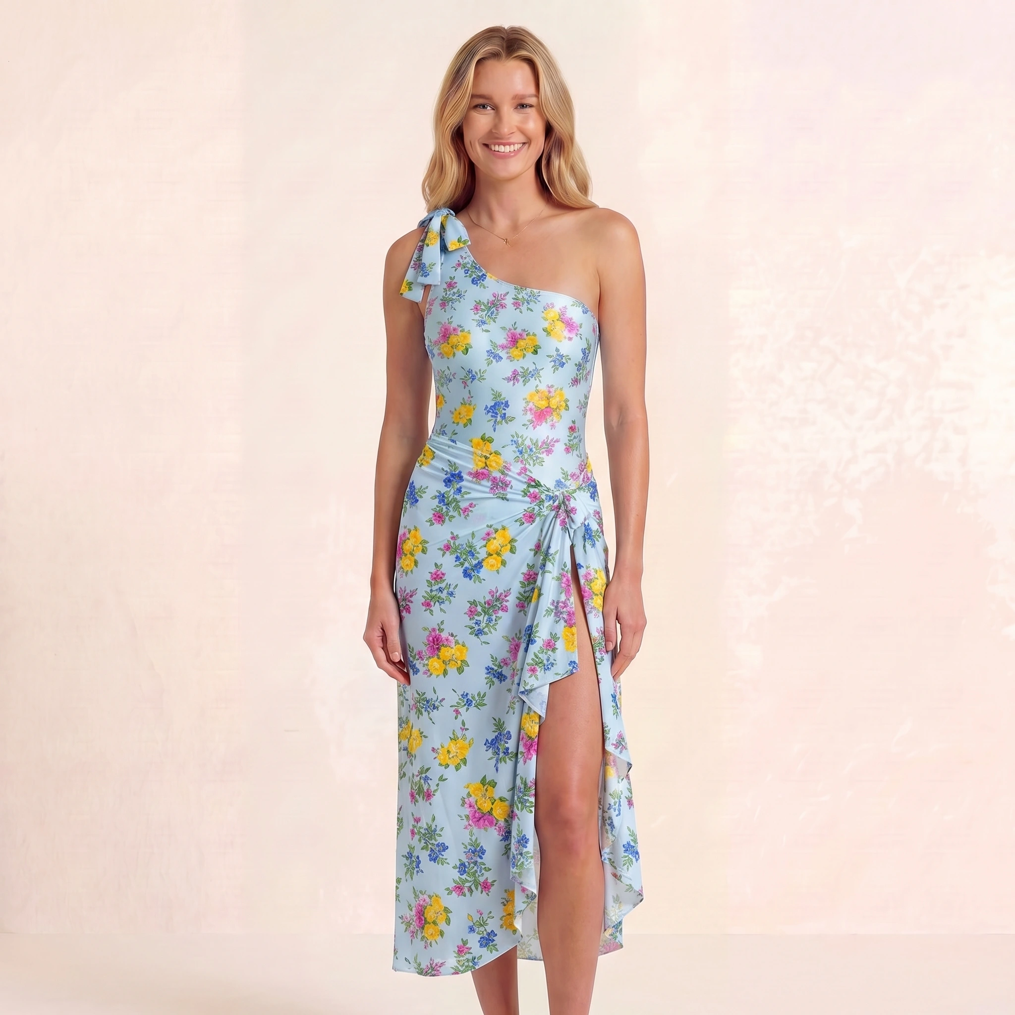 Blue Meadow One Shoulder One Piece Swimsuit and Matching Sarong Set for Women