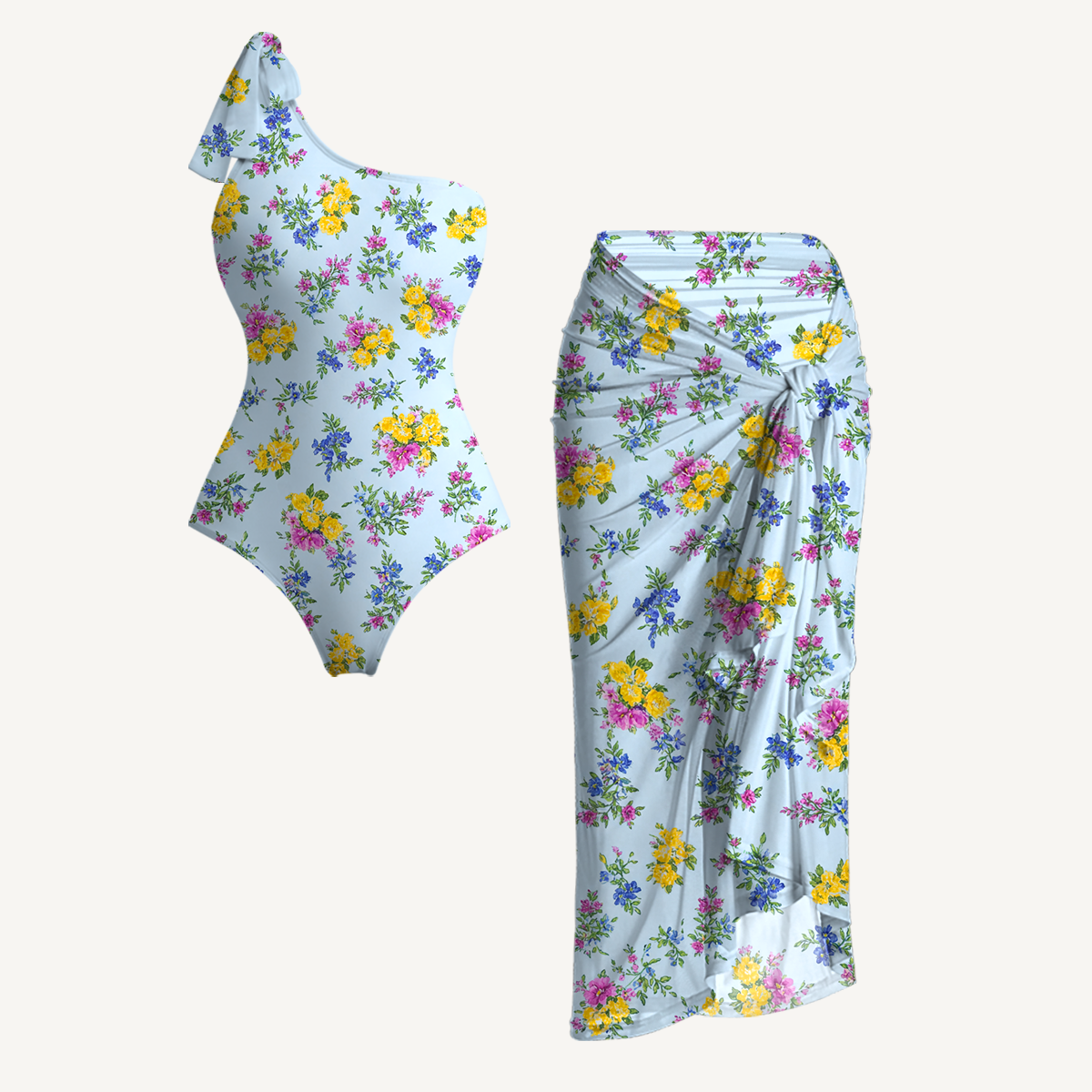 Blue Meadow One Shoulder One Piece Swimsuit and Matching Sarong Set for Women