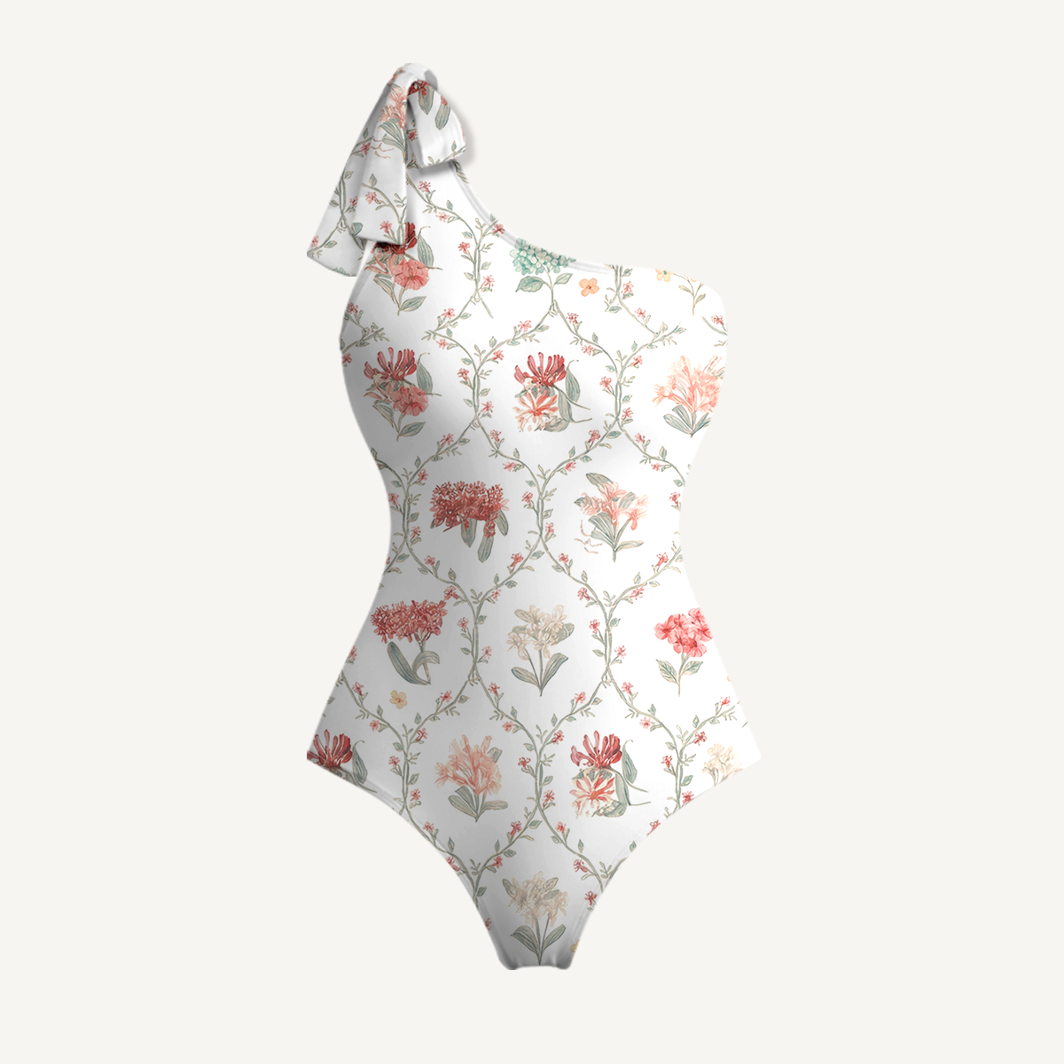 Coral Vine One Shoulder One Piece Swimsuit and Matching Sarong Set for Women