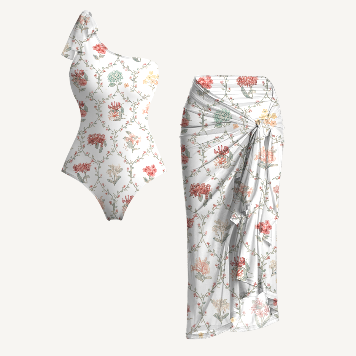 Coral Vine One Shoulder One Piece Swimsuit and Matching Sarong Set for Women