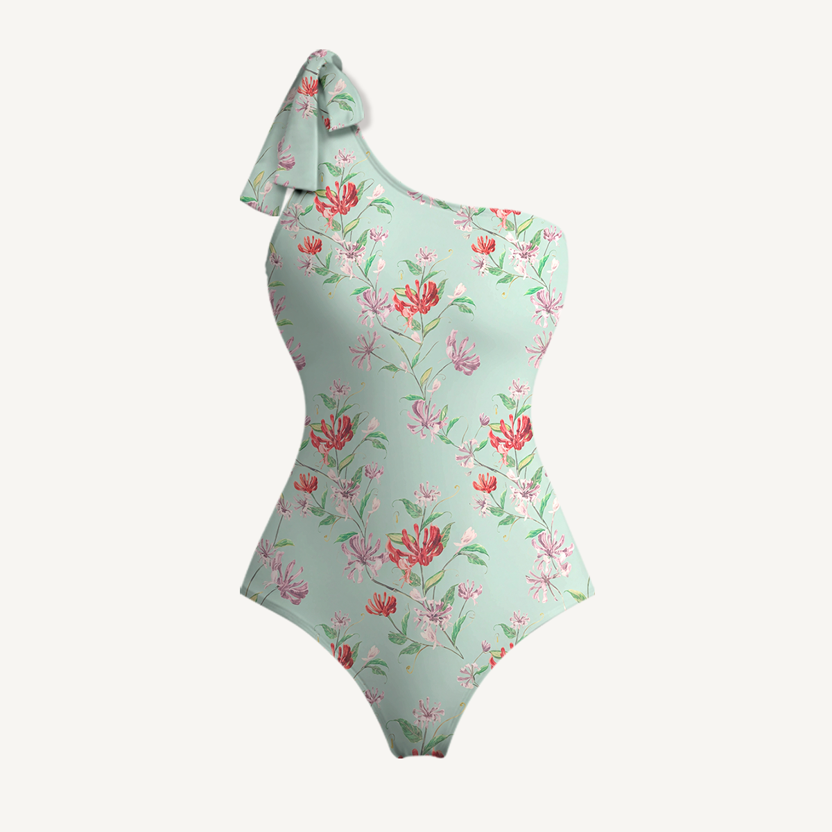 Mint Honeysuckle One Shoulder One Piece Swimsuit and Matching Sarong Set for Women