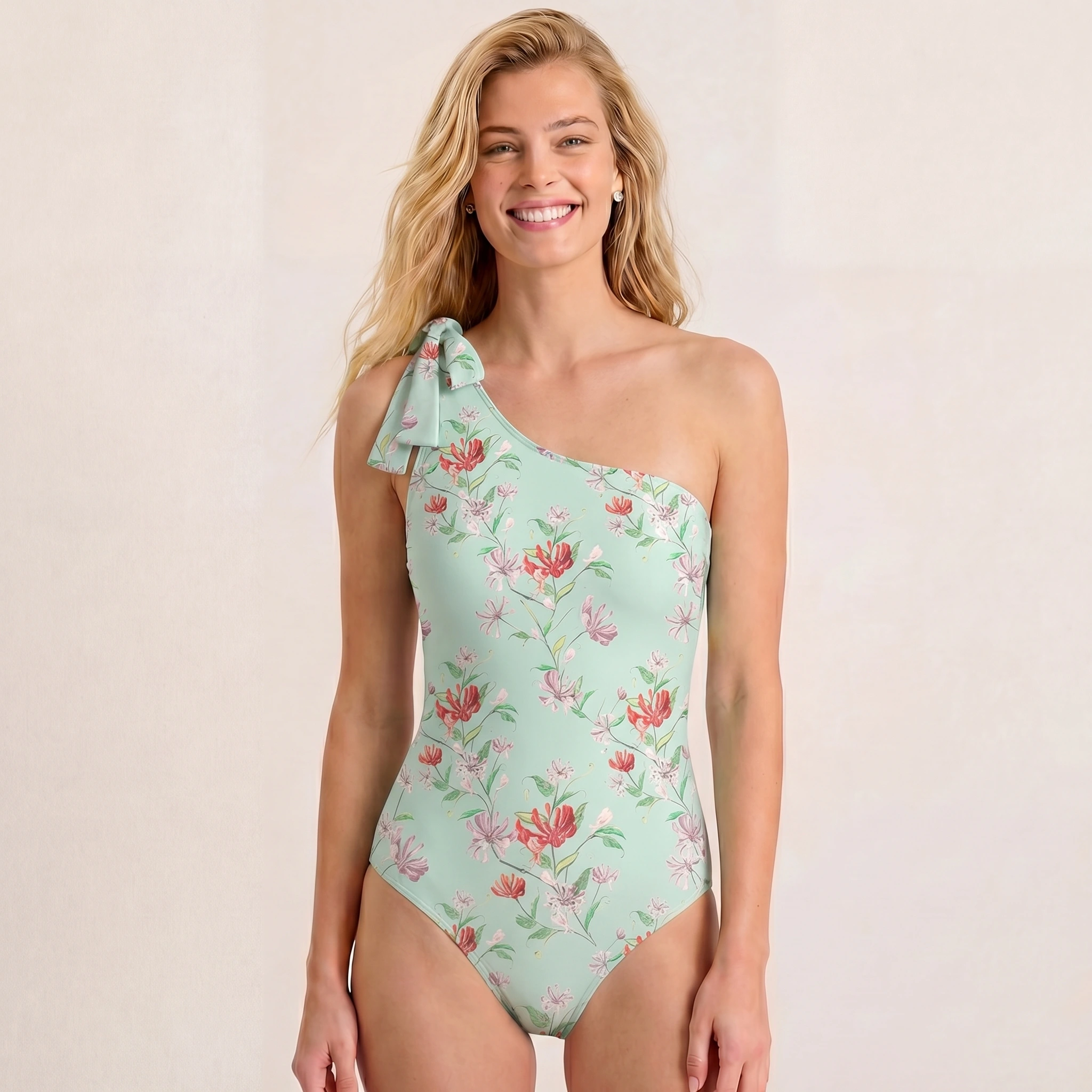 Mint Honeysuckle One Shoulder One Piece Swimsuit and Matching Sarong Set for Women