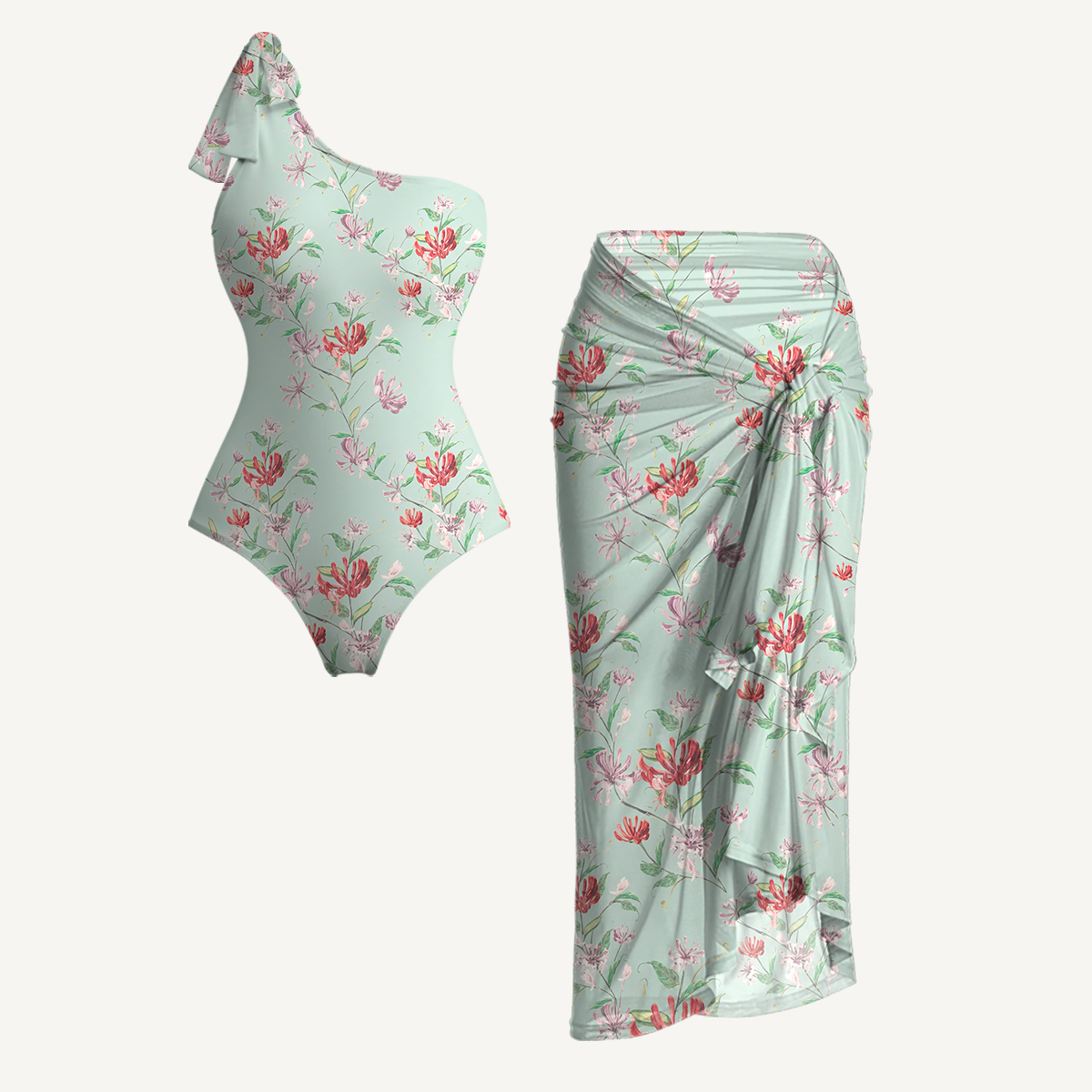 Mint Honeysuckle One Shoulder One Piece Swimsuit and Matching Sarong Set for Women