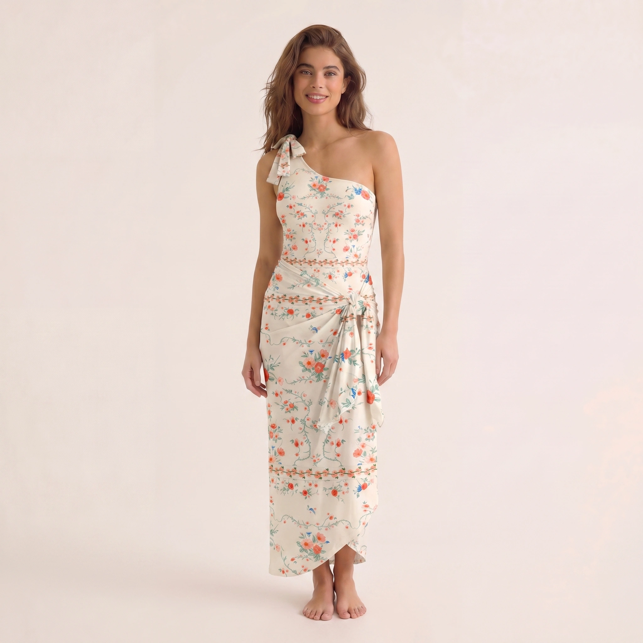 Wild Bloom One Shoulder One Piece Swimsuit and Matching Sarong Set for Women