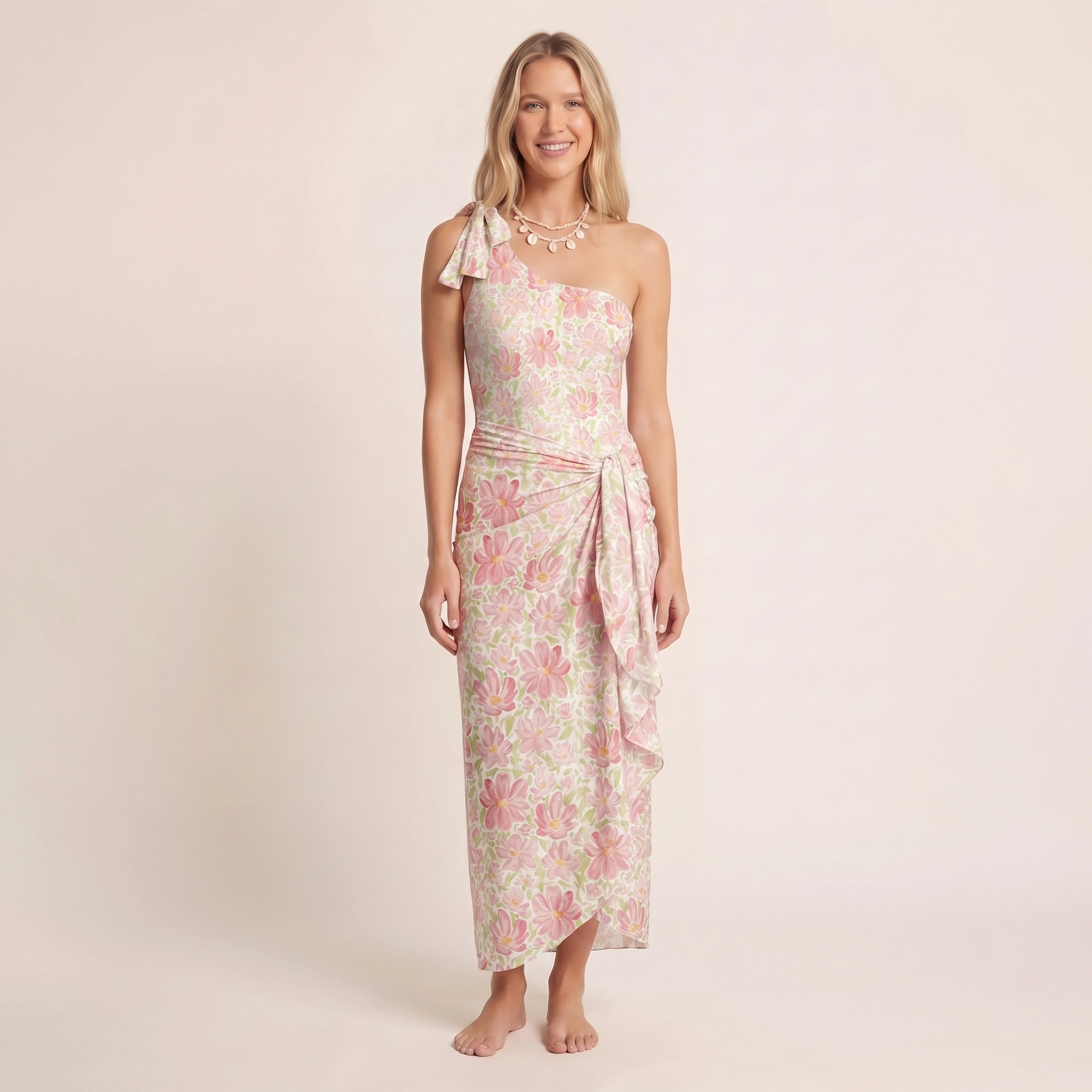 Cosmos Flower One Shoulder One Piece Swimsuit and Matching Sarong Set for Women