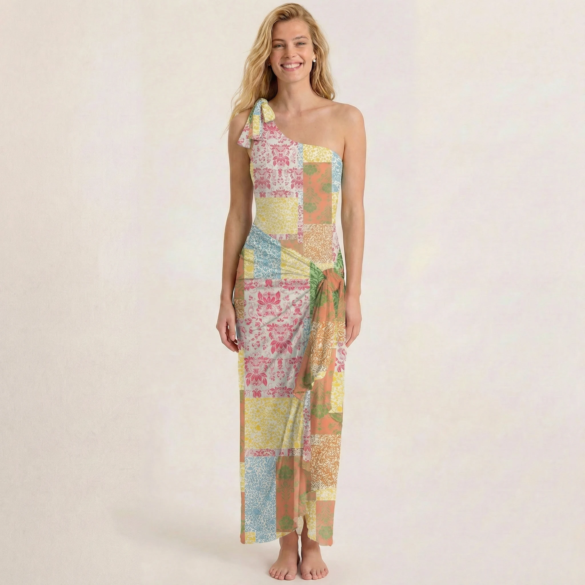 Morning Patch One Shoulder One Piece Swimsuit and Matching Sarong Set for Women