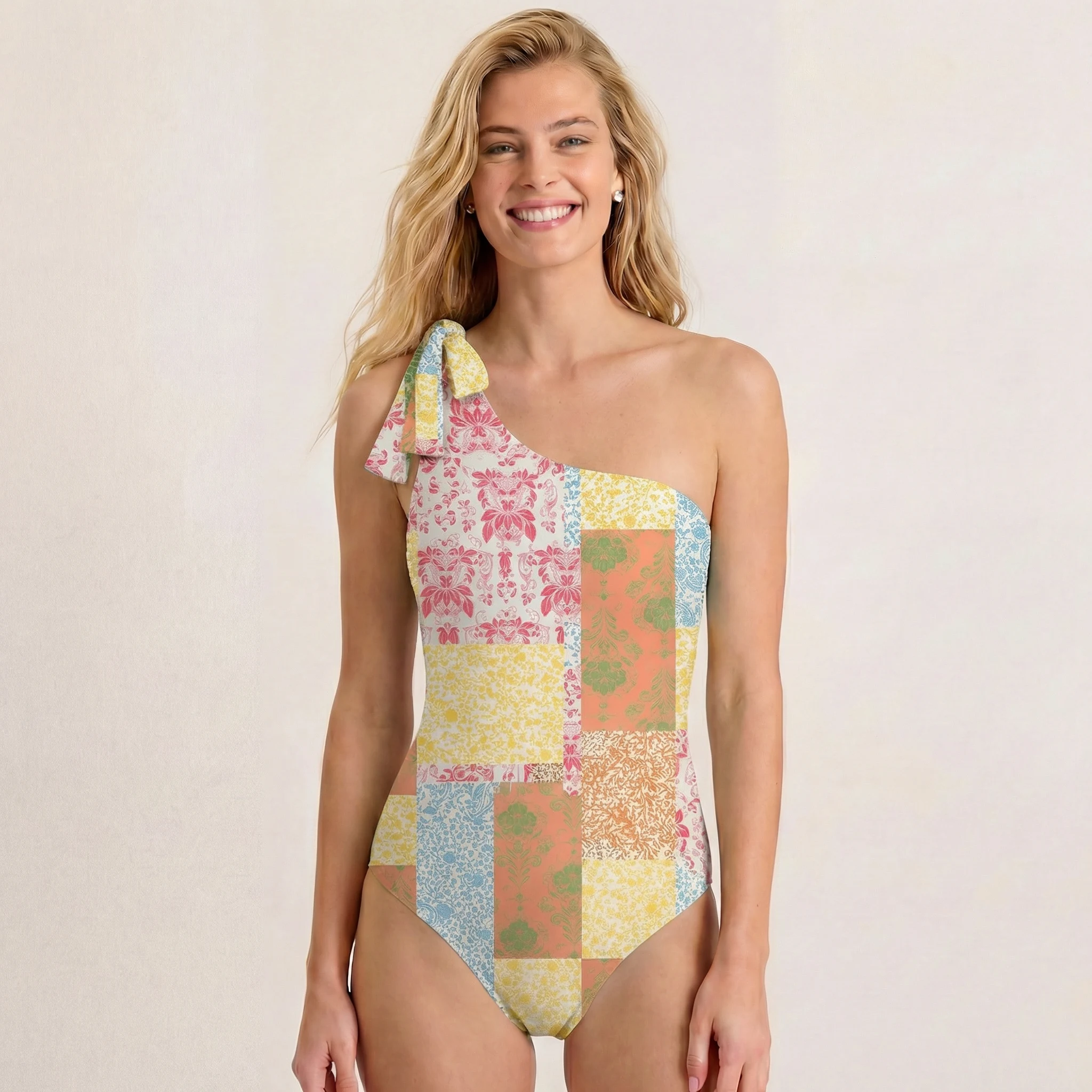 Morning Patch One Shoulder One Piece Swimsuit and Matching Sarong Set for Women