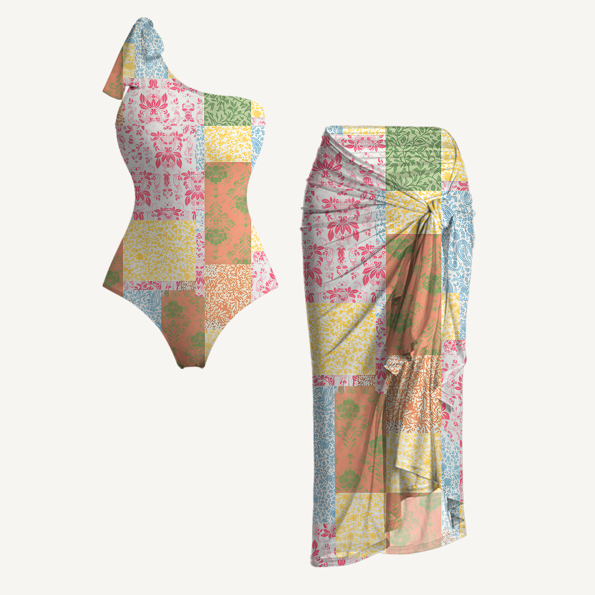 Morning Patch One Shoulder One Piece Swimsuit and Matching Sarong Set for Women