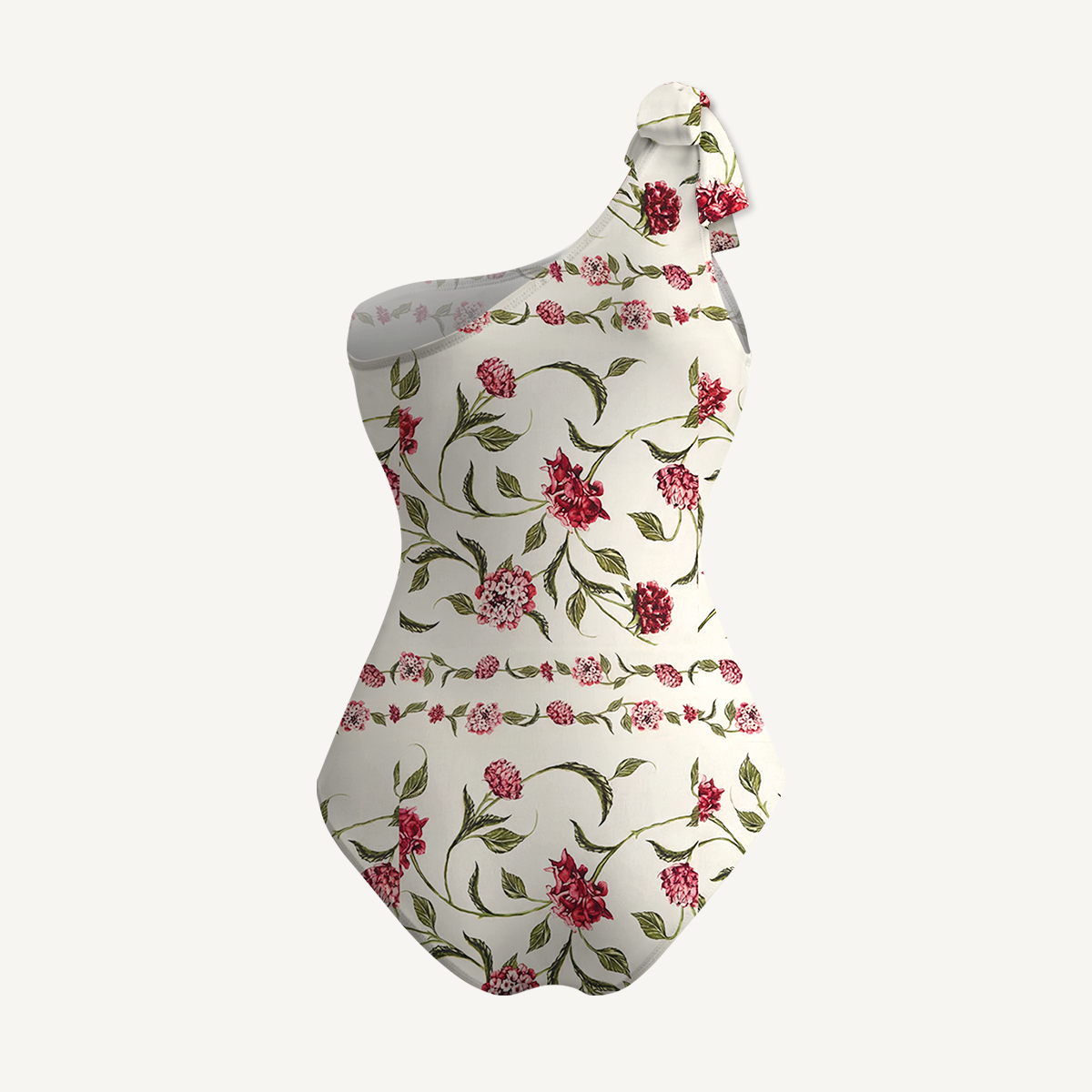 Red Floral One Shoulder One Piece Swimsuit and Matching Sarong Set for Women