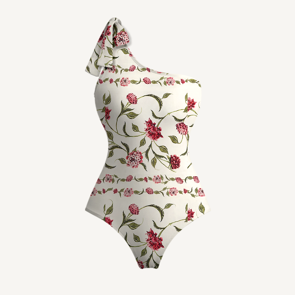 Red Floral One Shoulder One Piece Swimsuit and Matching Sarong Set for Women