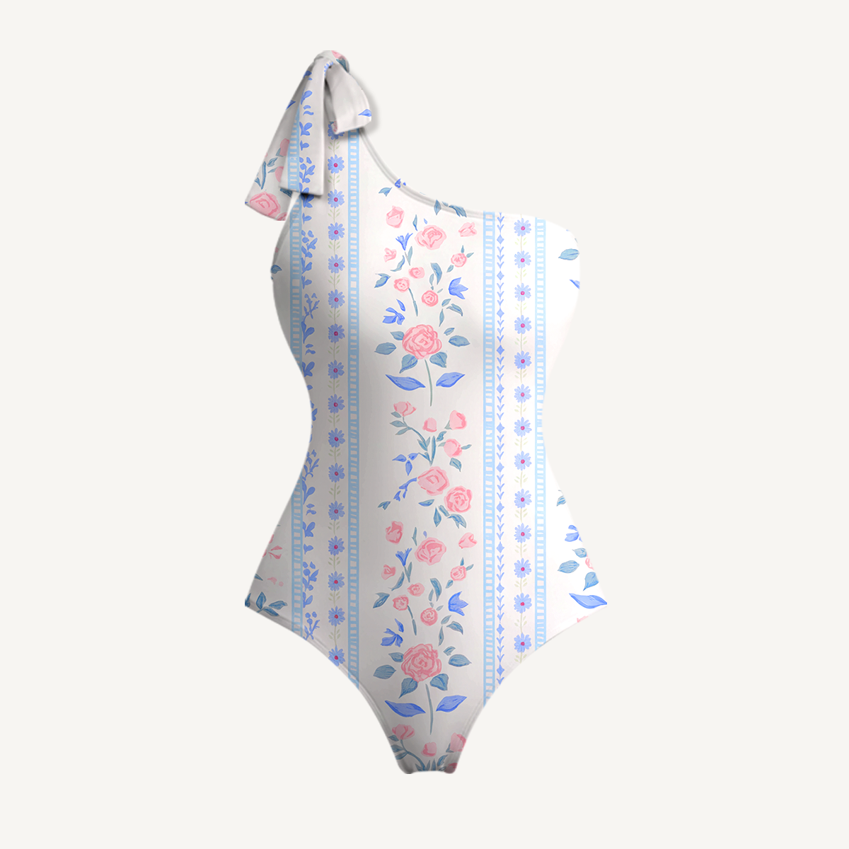 Blue Rose One Shoulder One Piece Swimsuit and Matching Sarong Set for Women