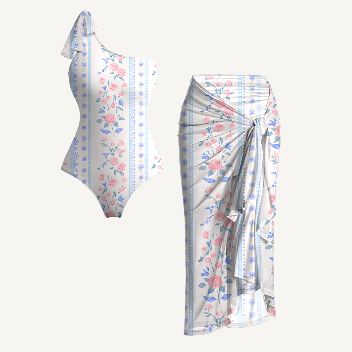 Blue Rose One Shoulder One Piece Swimsuit and Matching Sarong Set for Women