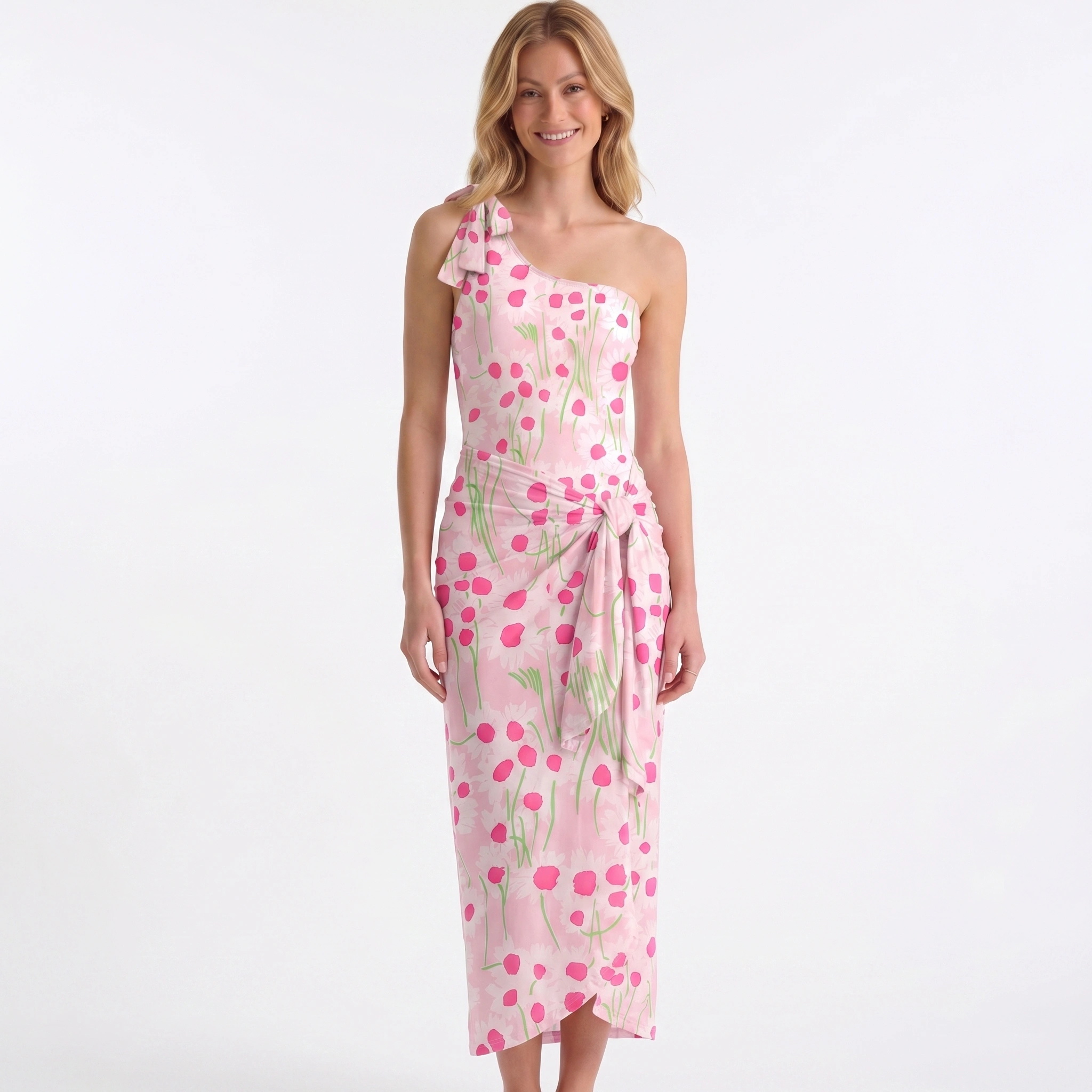 Pink Daisy One Shoulder One Piece Swimsuit and Matching Sarong Set for Women