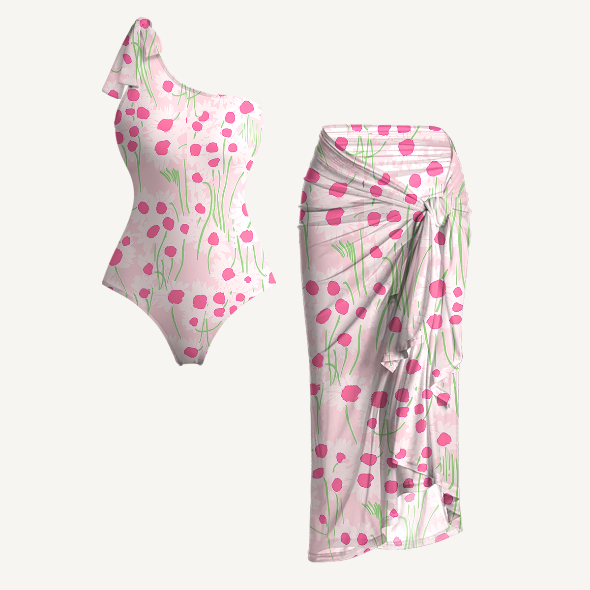 Pink Daisy One Shoulder One Piece Swimsuit and Matching Sarong Set for Women