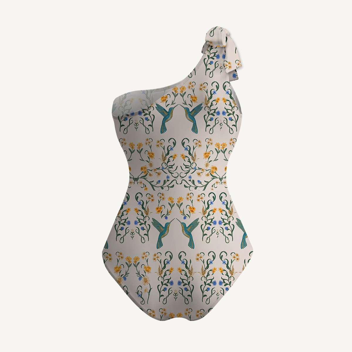 Whispering Hummingbird One Shoulder One Piece Swimsuit and Matching Sarong Set for Women