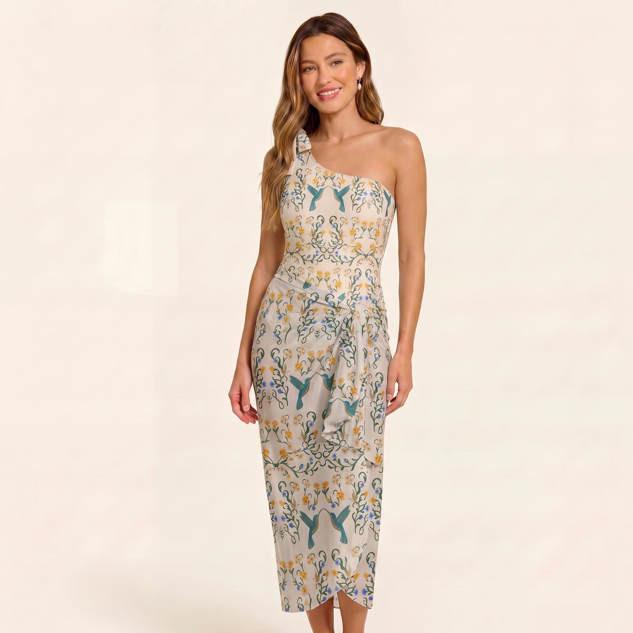 Whispering Hummingbird One Shoulder One Piece Swimsuit and Matching Sarong Set for Women