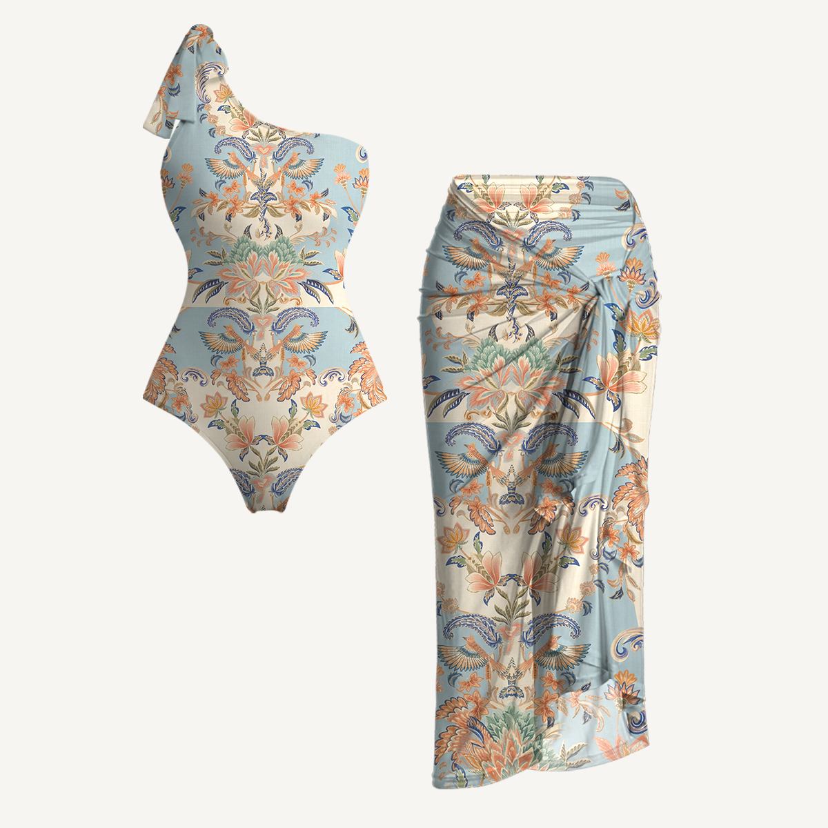 Azure Lily Palace One Shoulder One Piece Swimsuit and Matching Sarong Set for Women