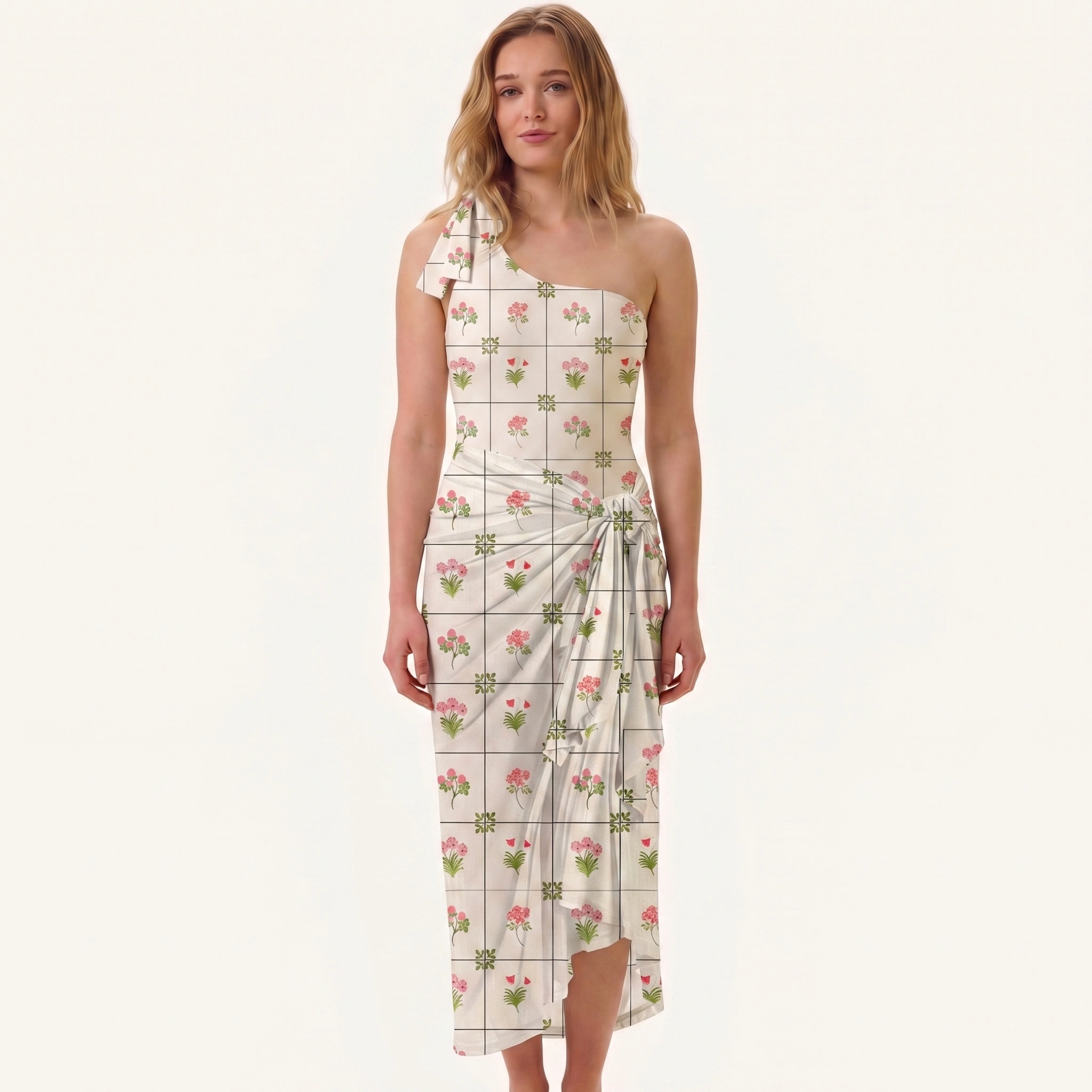 Meadow Tile Bloom One Shoulder One Piece Swimsuit and Matching Sarong Set for Women