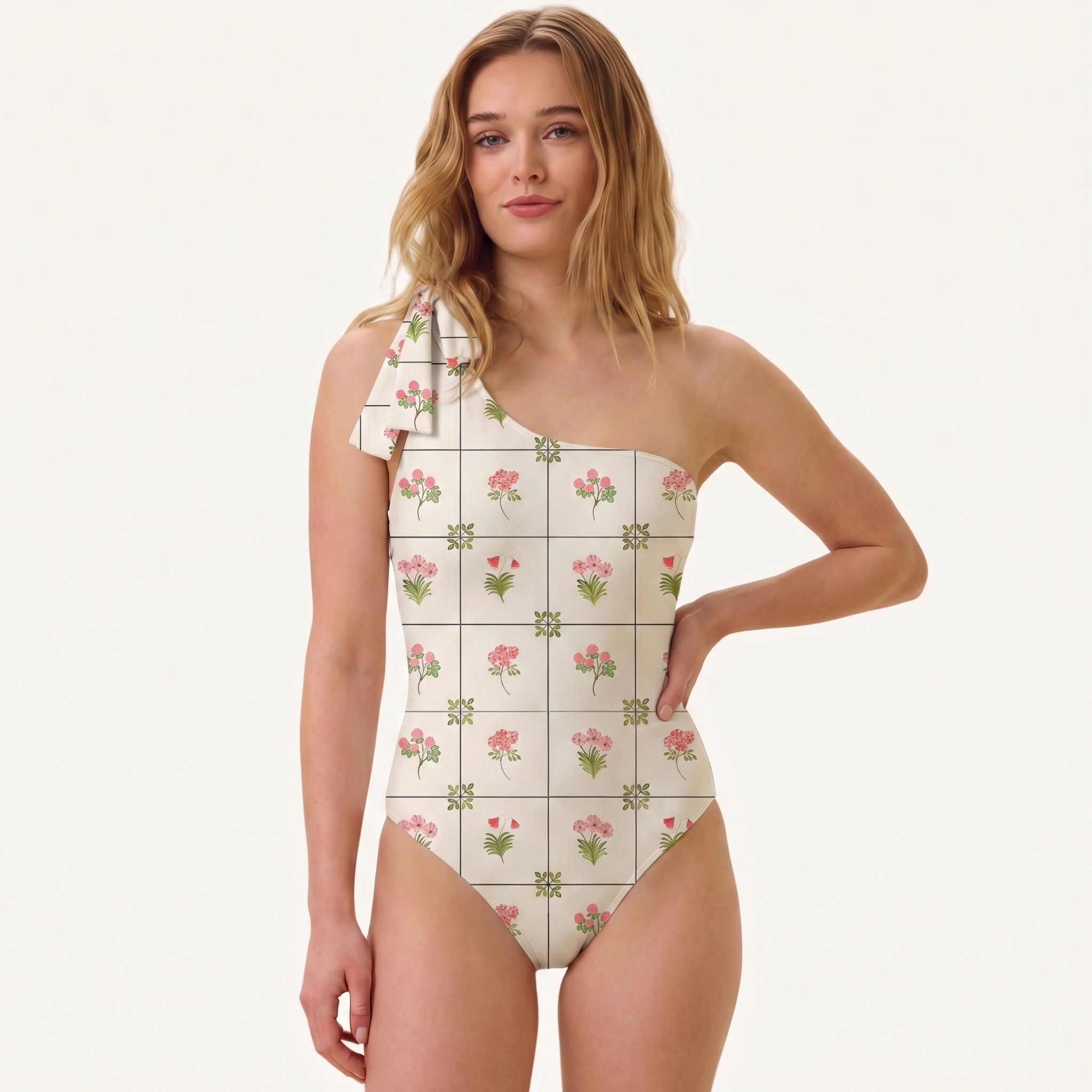 Meadow Tile Bloom One Shoulder One Piece Swimsuit and Matching Sarong Set for Women