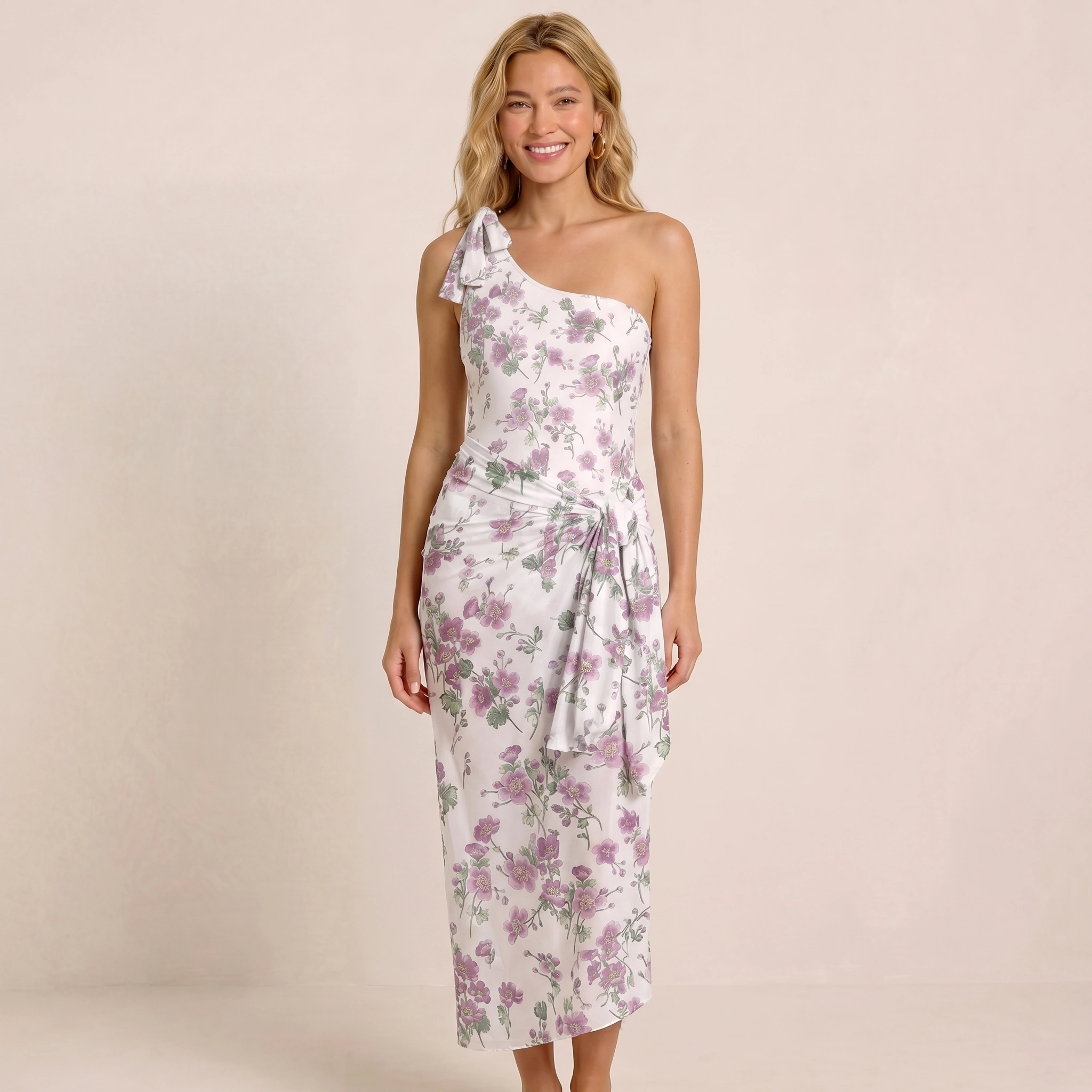 Lavender Field Whisper One Shoulder One Piece Swimsuit and Matching Sarong Set for Women