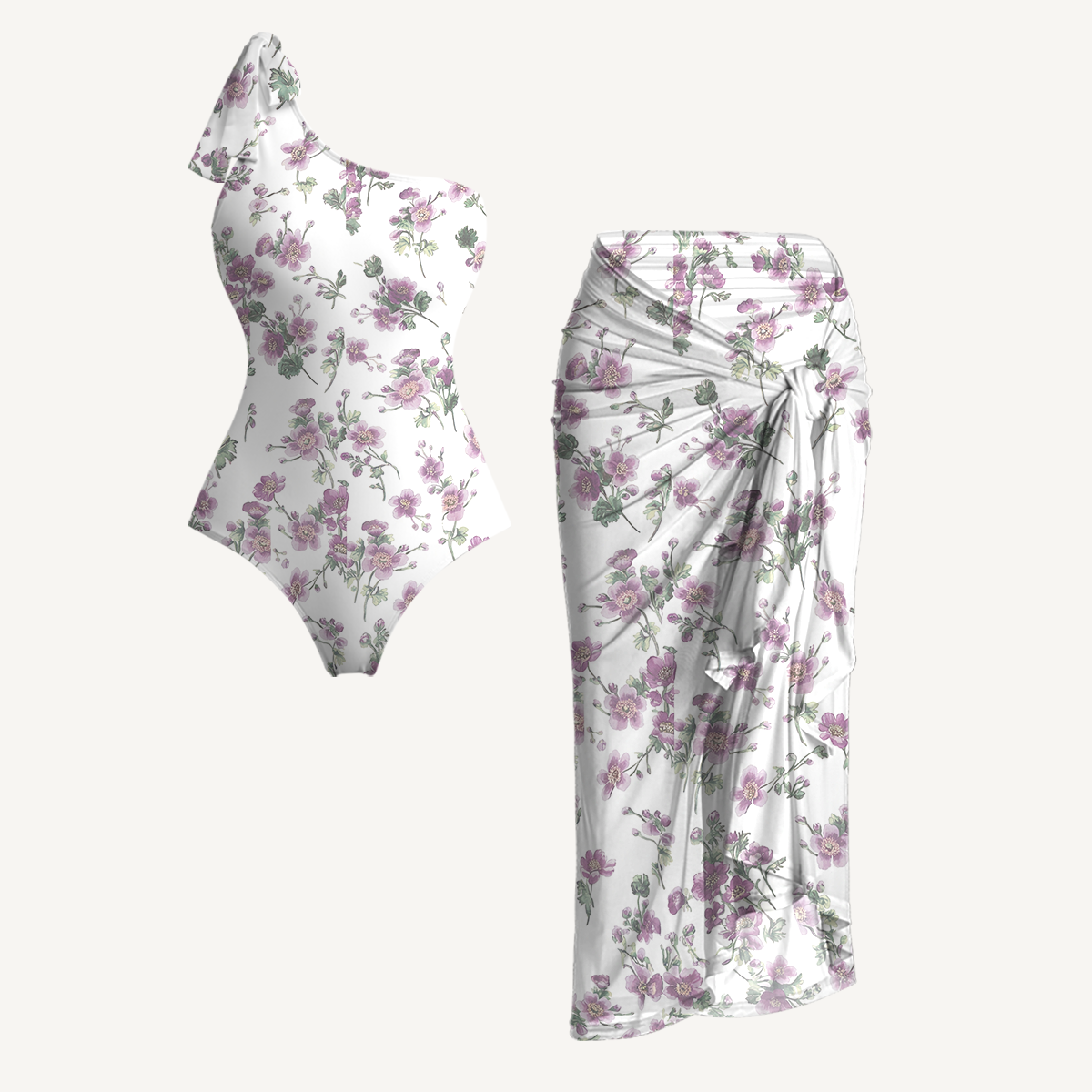 Lavender Field Whisper One Shoulder One Piece Swimsuit and Matching Sarong Set for Women