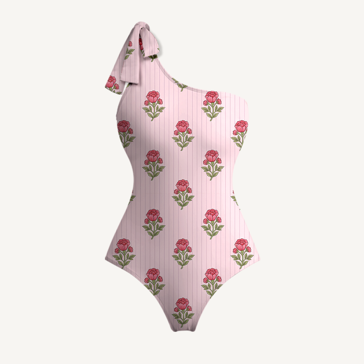 Misty Rose Garden One Shoulder One Piece Swimsuit and Matching Sarong Set for Women