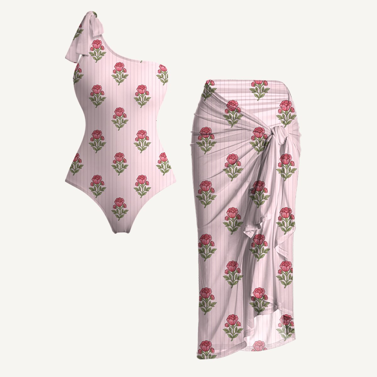 Misty Rose Garden One Shoulder One Piece Swimsuit and Matching Sarong Set for Women
