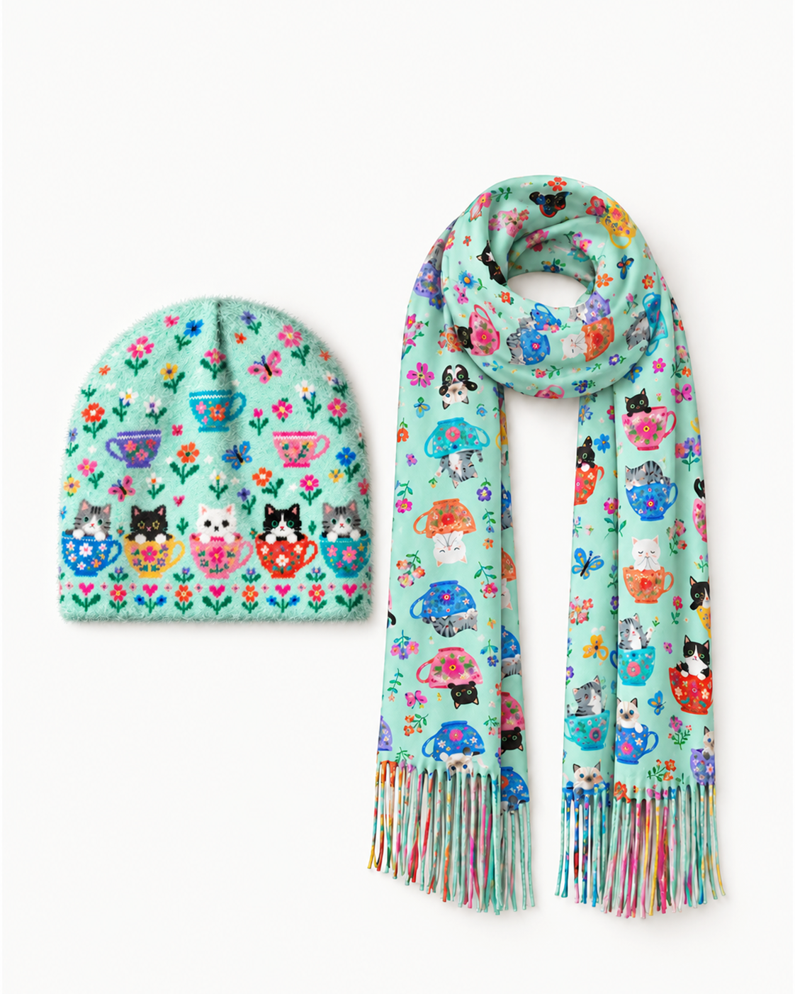 Cute Teacup Kitten Beanie Scarf & Fingerless Gloves Set