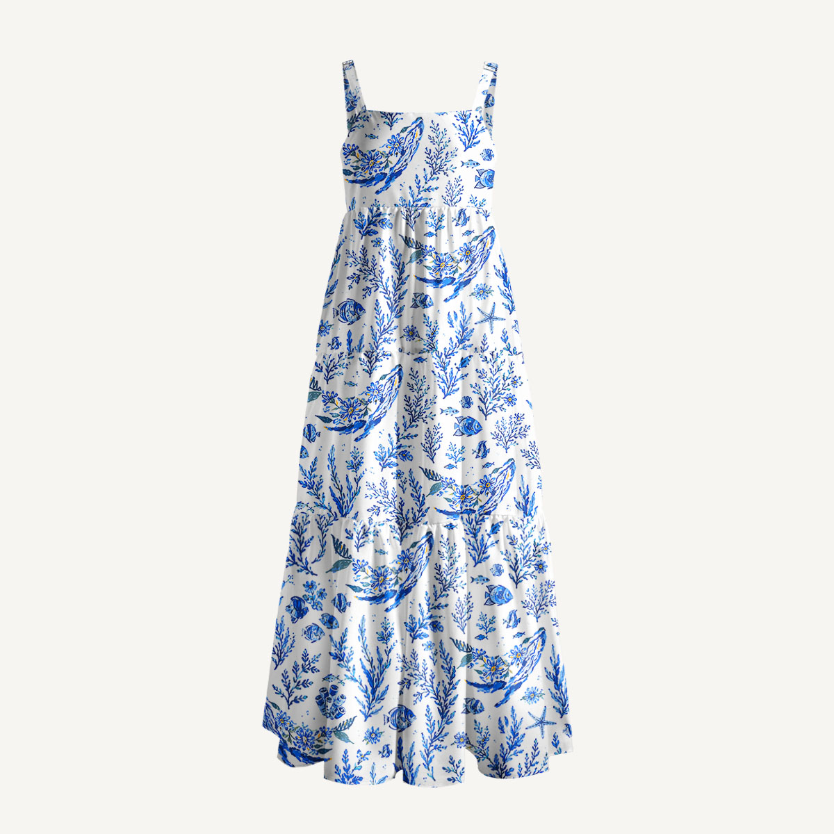 Delft Blue Coastal Garden Print Wide Straps Maxi Dress With Pockets