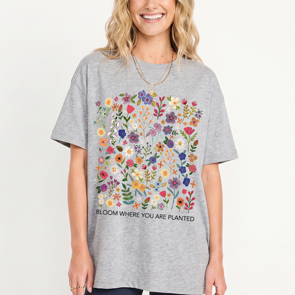 Bloom Where You Are Planted Print Crew Neck Cotton Tee